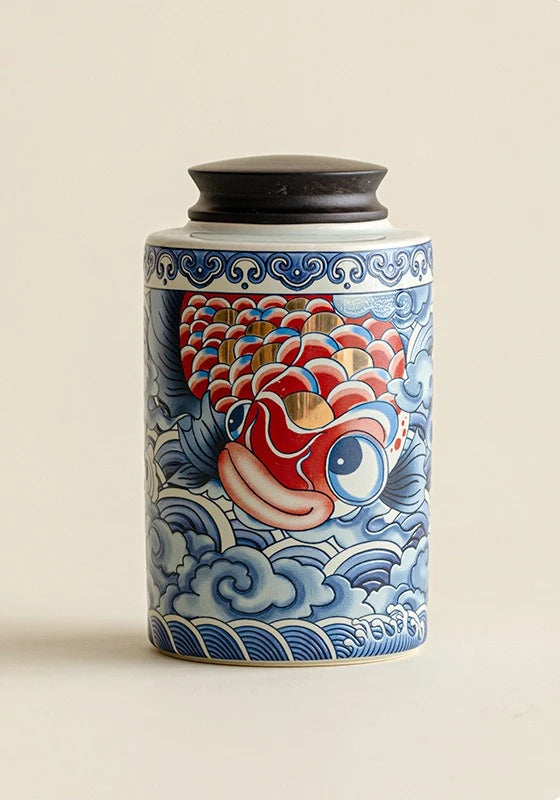 Boîte à thé japonaise carpe koï en porcelaine avec couvercle en bois foncé