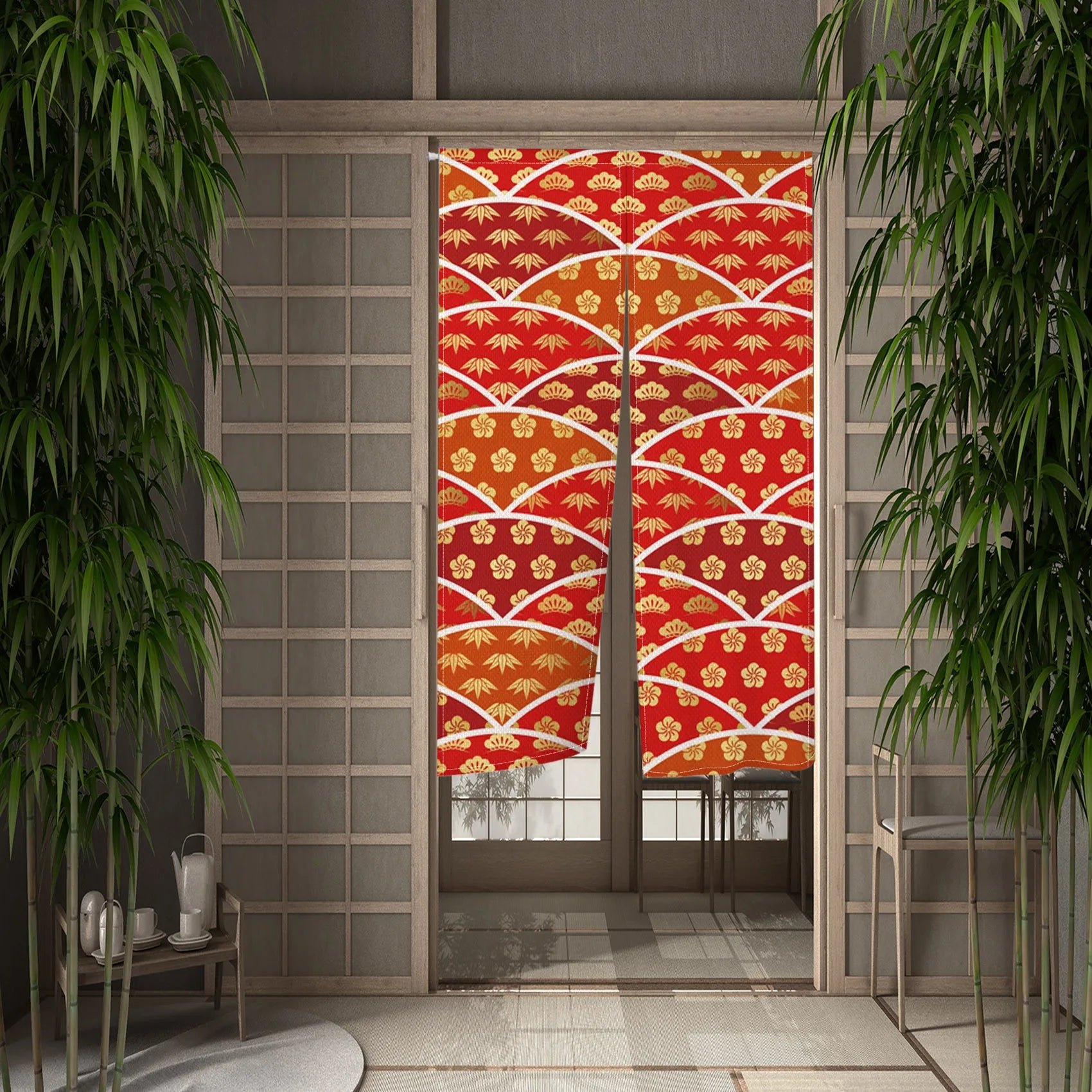 Noren japonais rouge à écailles seigaiha et motifs pin, bambou et prunier dorés