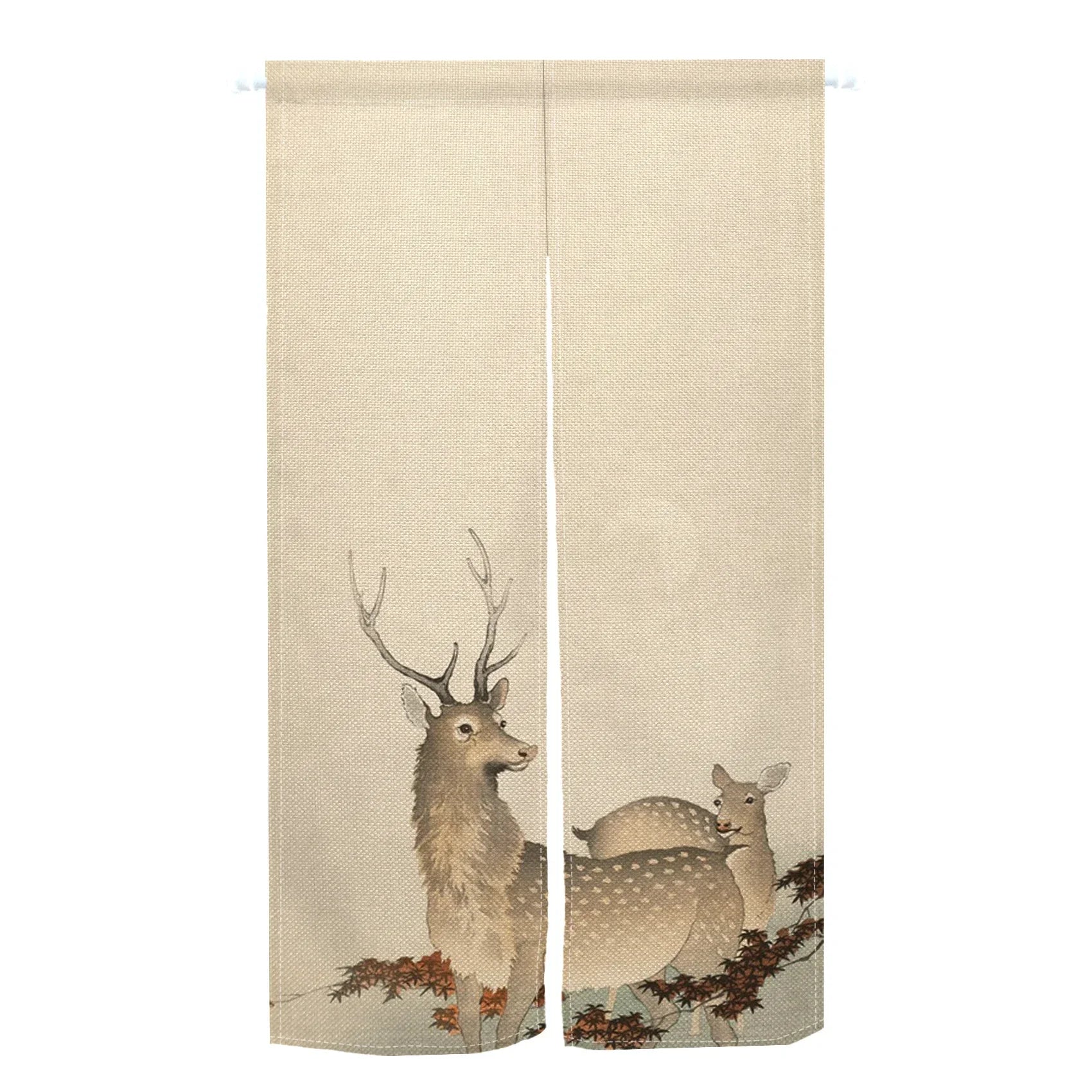 Noren japonais à l'encre, cerfs sika et feuilles d'érable rouge sur fond écru