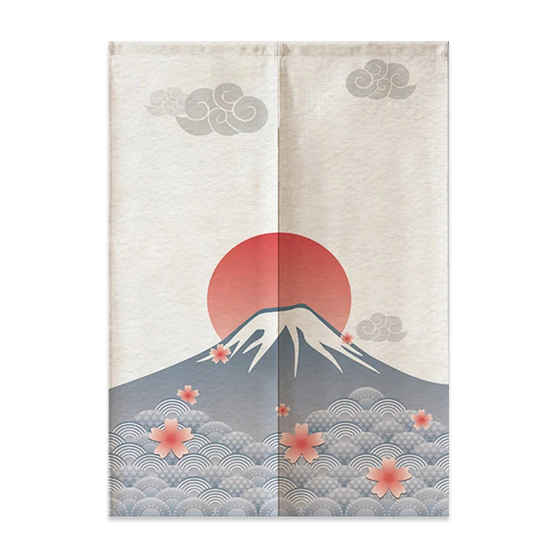 Noren japonais Mont Fuji écru, soleil rouge et vagues seigaiha, rideau de porte en deux pans
