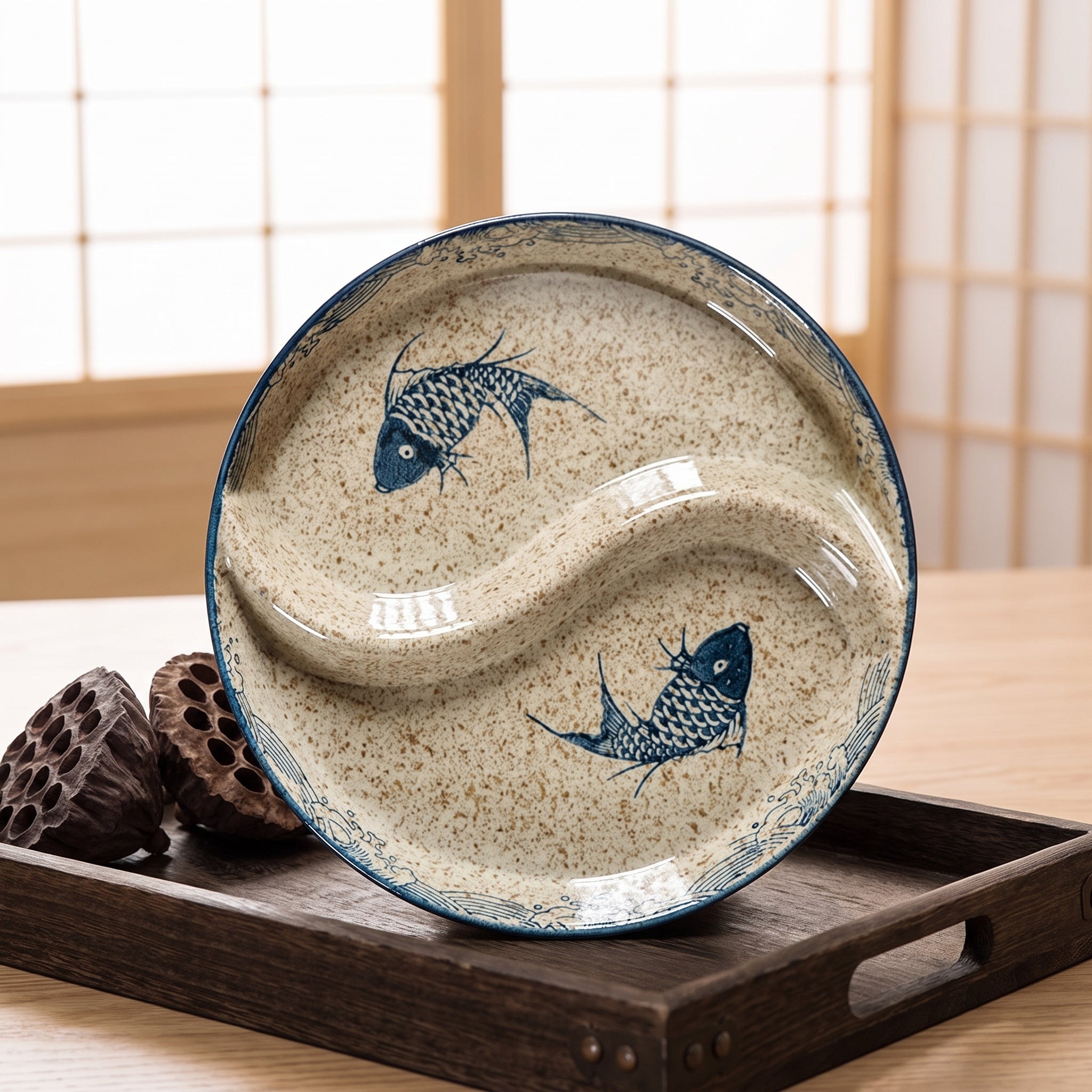 Assiette japonaise à compartiments carpes sur plateau en bois devant des shoji
