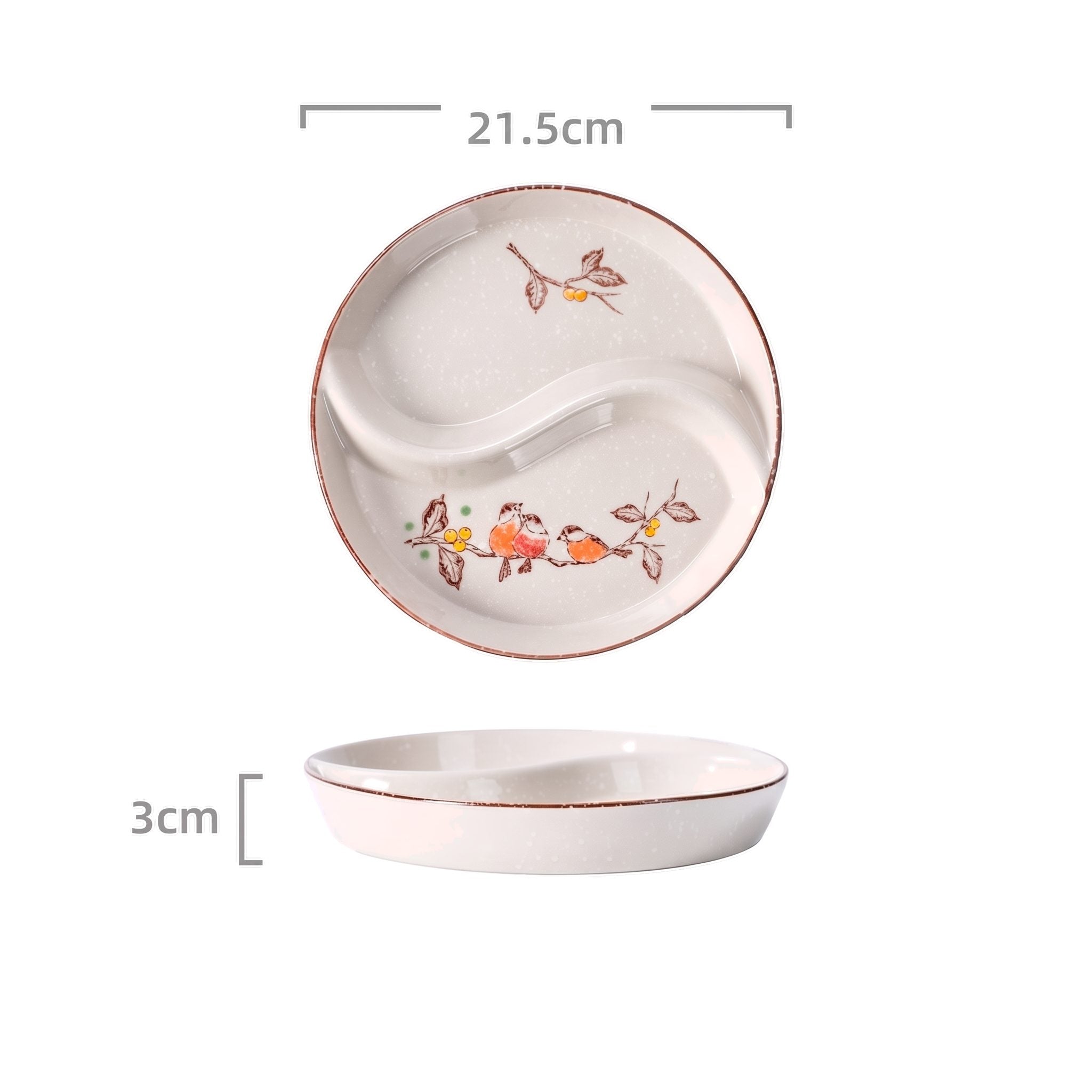 Assiette japonaise à compartiments motif oiseaux, 21,5 cm, vues dessus et profil