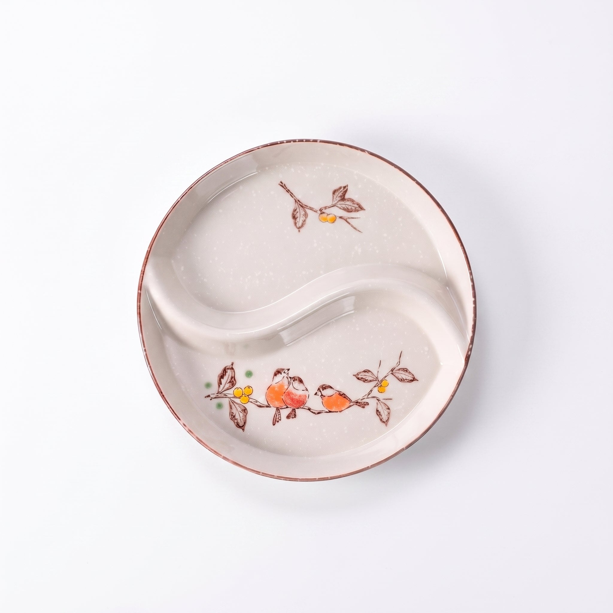 Assiette japonaise à compartiments motif oiseaux sur branche, vue de dessus