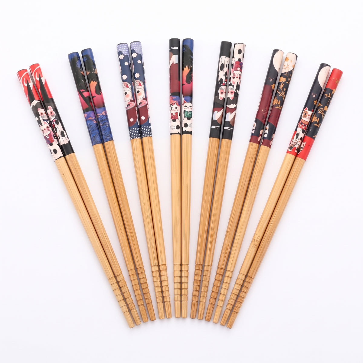 Set 5 paires de baguettes japonaises en bambou, motifs chats et personnages