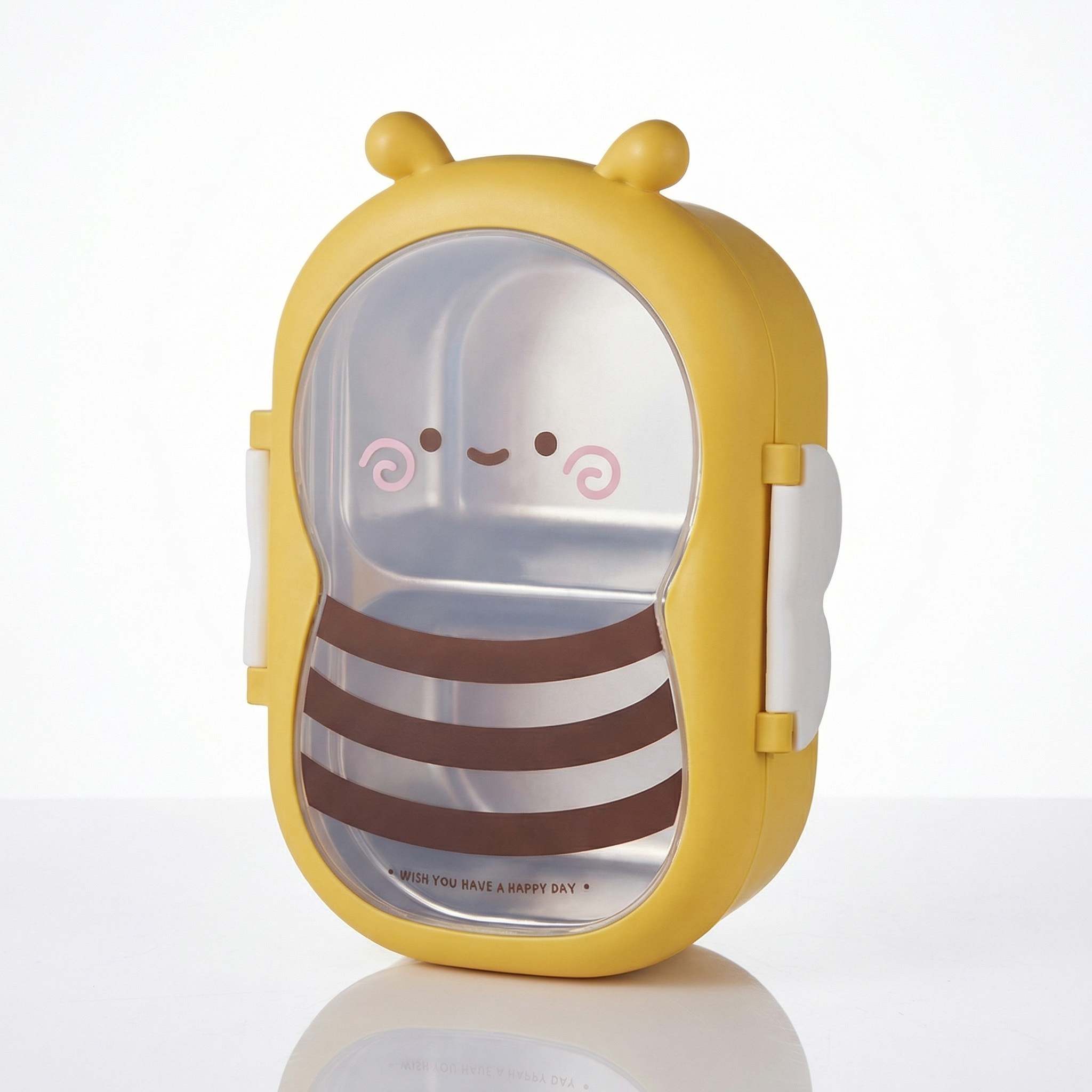 Bento kawaii abeille jaune en inox avec couvercle transparent fond blanc