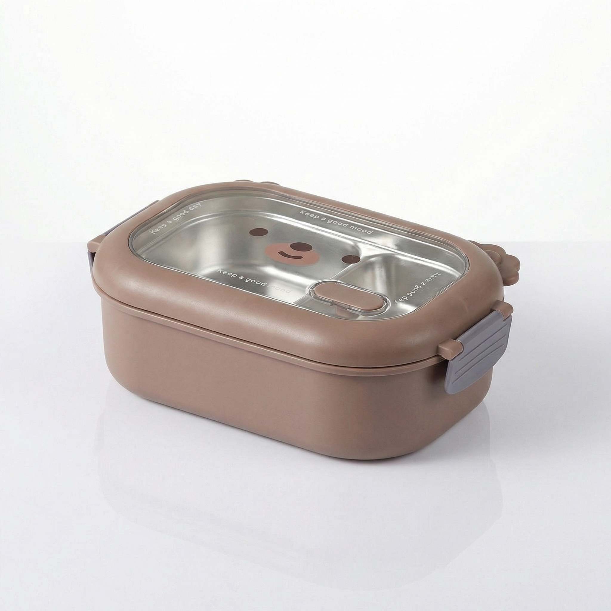 Bento kawaii inox marron avec clin d'oeil, couvercle transparent et compartiments 1000 ml