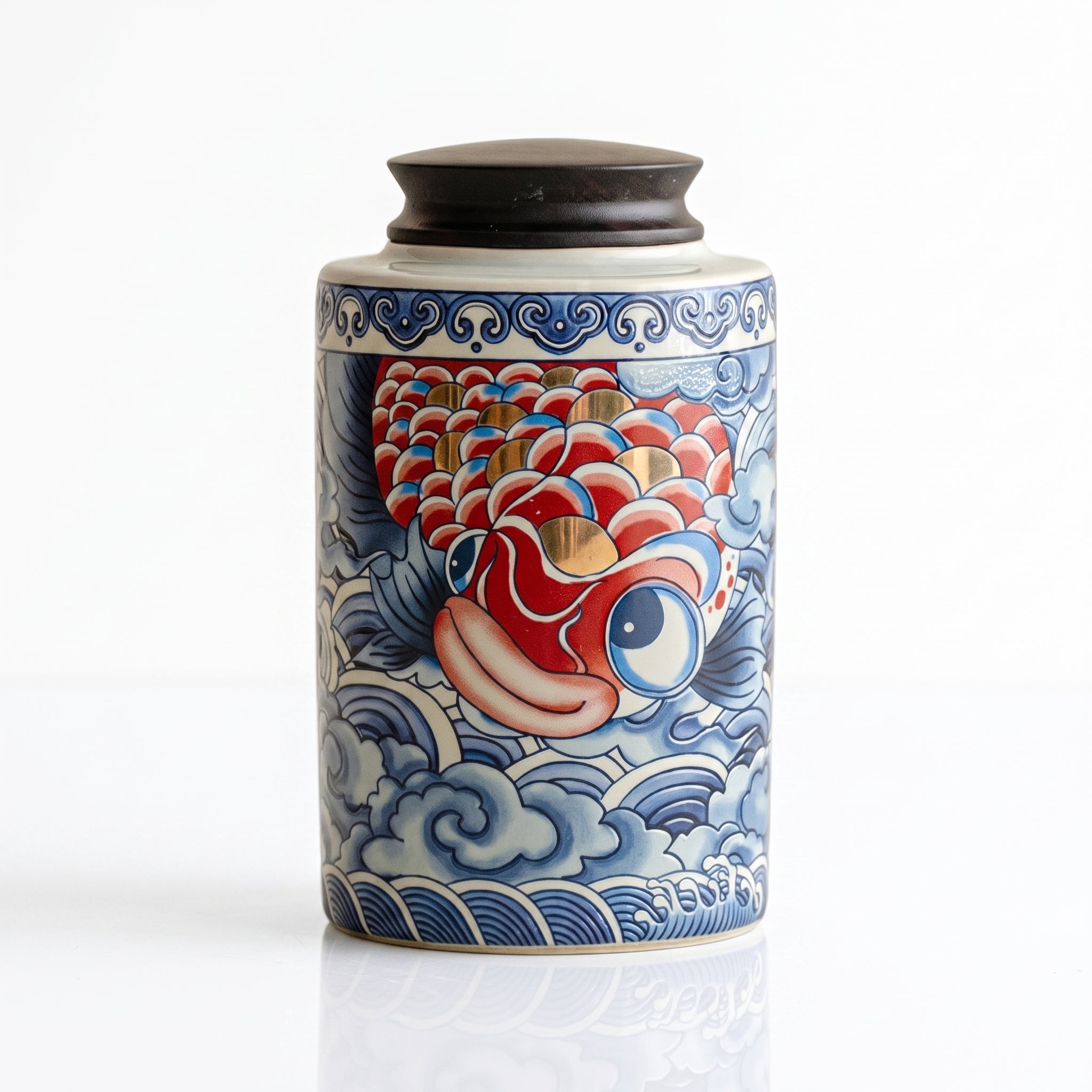 Boîte à thé japonaise carpe koï en porcelaine avec couvercle en bois foncé