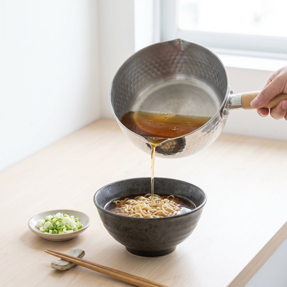 Casserole japonaise yukihira qui verse un bouillon par son bec dans un bol de ramen, ciboule à côté