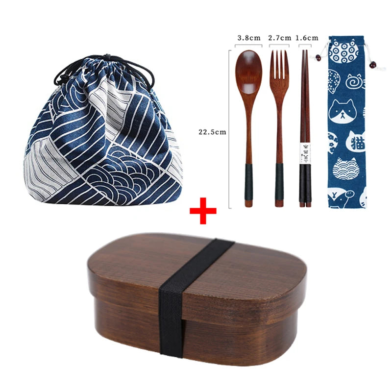 Coffret bento en bois 18x13cm avec couverts assortis de 22,5cm et sacs de transport à motifs japonais.