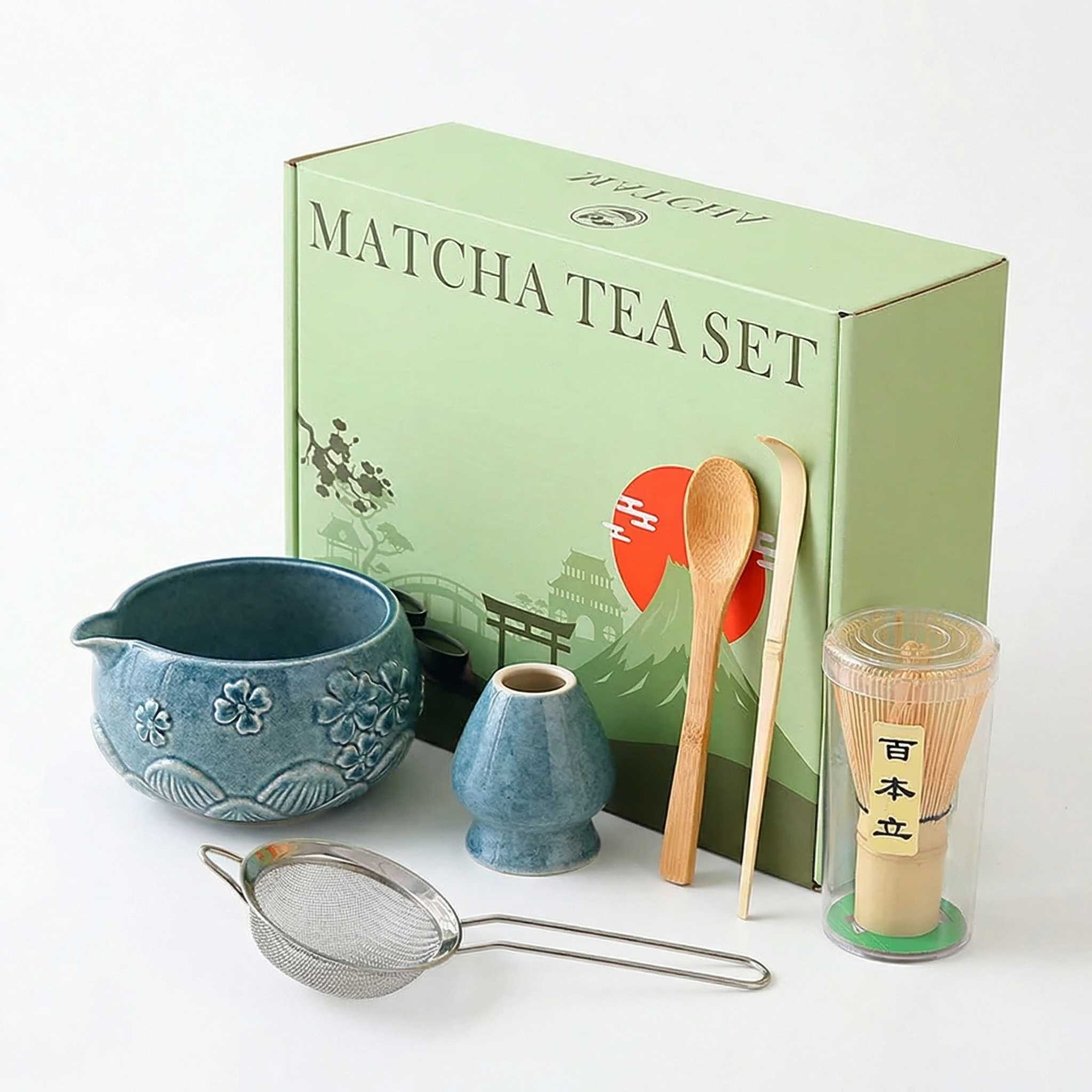 Coffret matcha fleurs de cerisier coloris bleu paon avec boite chasen chashaku et passoire