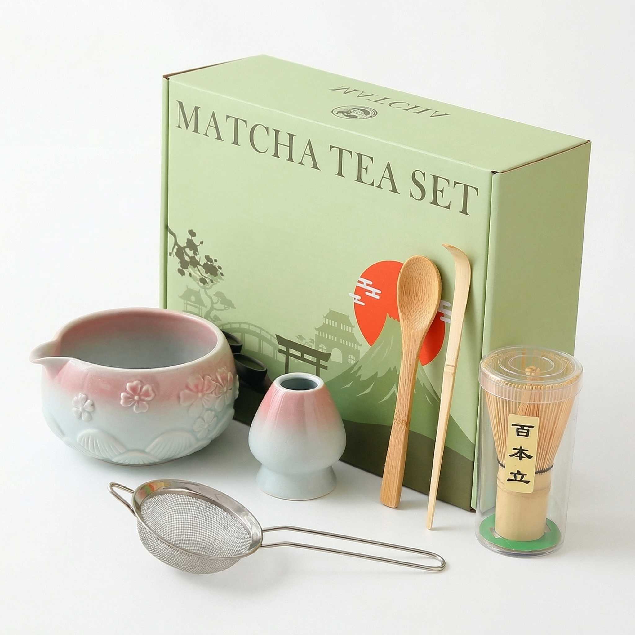 Coffret matcha fleurs de cerisier coloris rose bleu degrade avec boite chasen chashaku et passoire