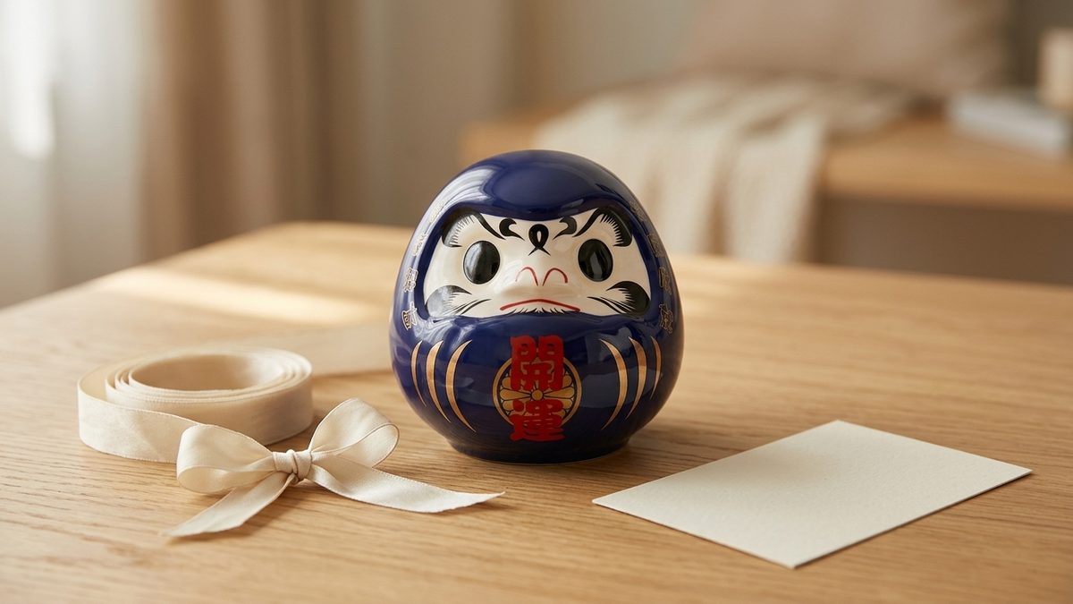 Carte cadeau Yomoya Japon posée près d'une tirelire daruma bleue et d'un ruban