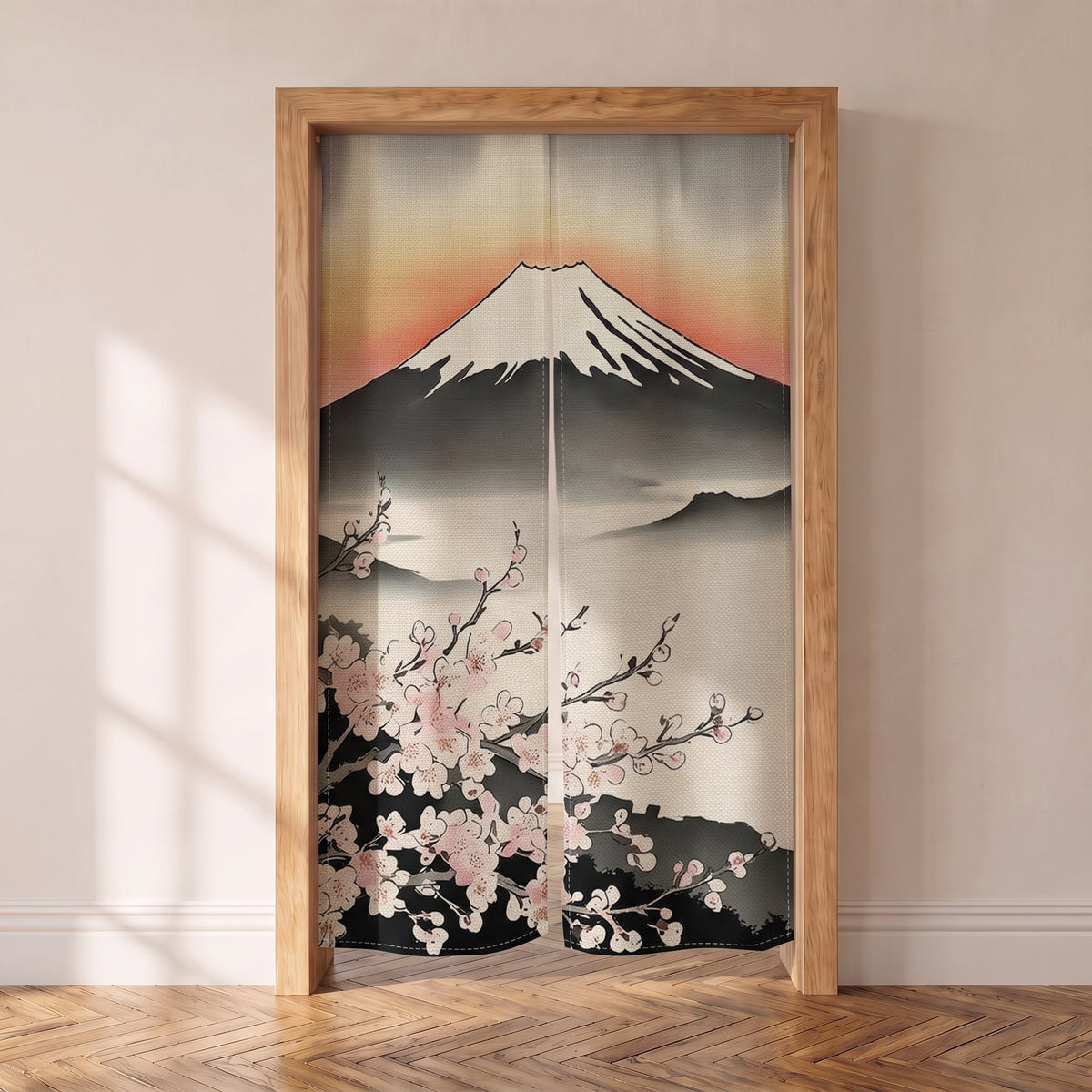 Noren japonais mont Fuji bleu sous des branches de cerisier en fleurs, suspendu dans une porte intérieure
