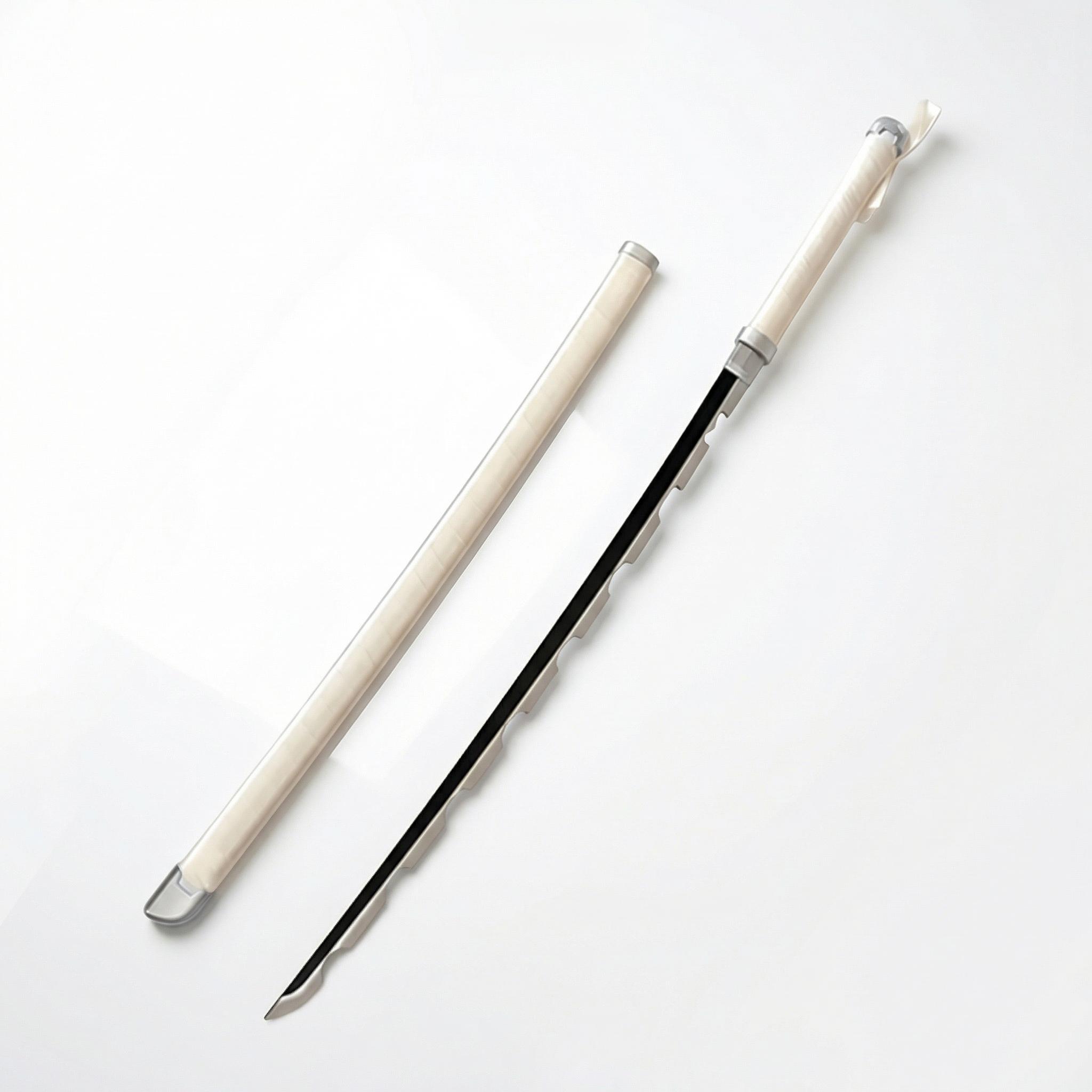 Katana Inosuke Hashibira Demon Slayer en bambou lame dentee noire fourreau blanc creme