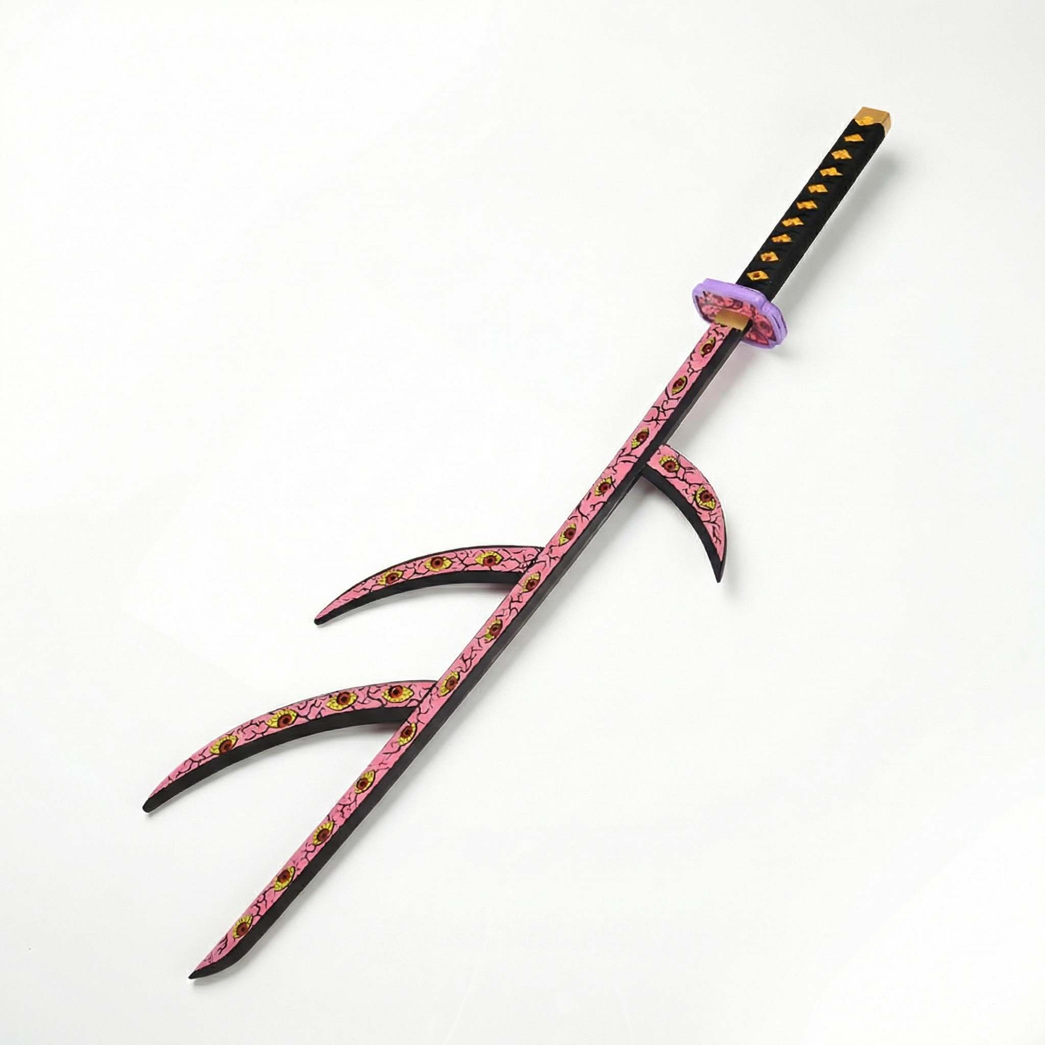 Katana Kokushibo Kyokokukamusari Demon Slayer en bambou lame branchee rose et noire motifs yeux