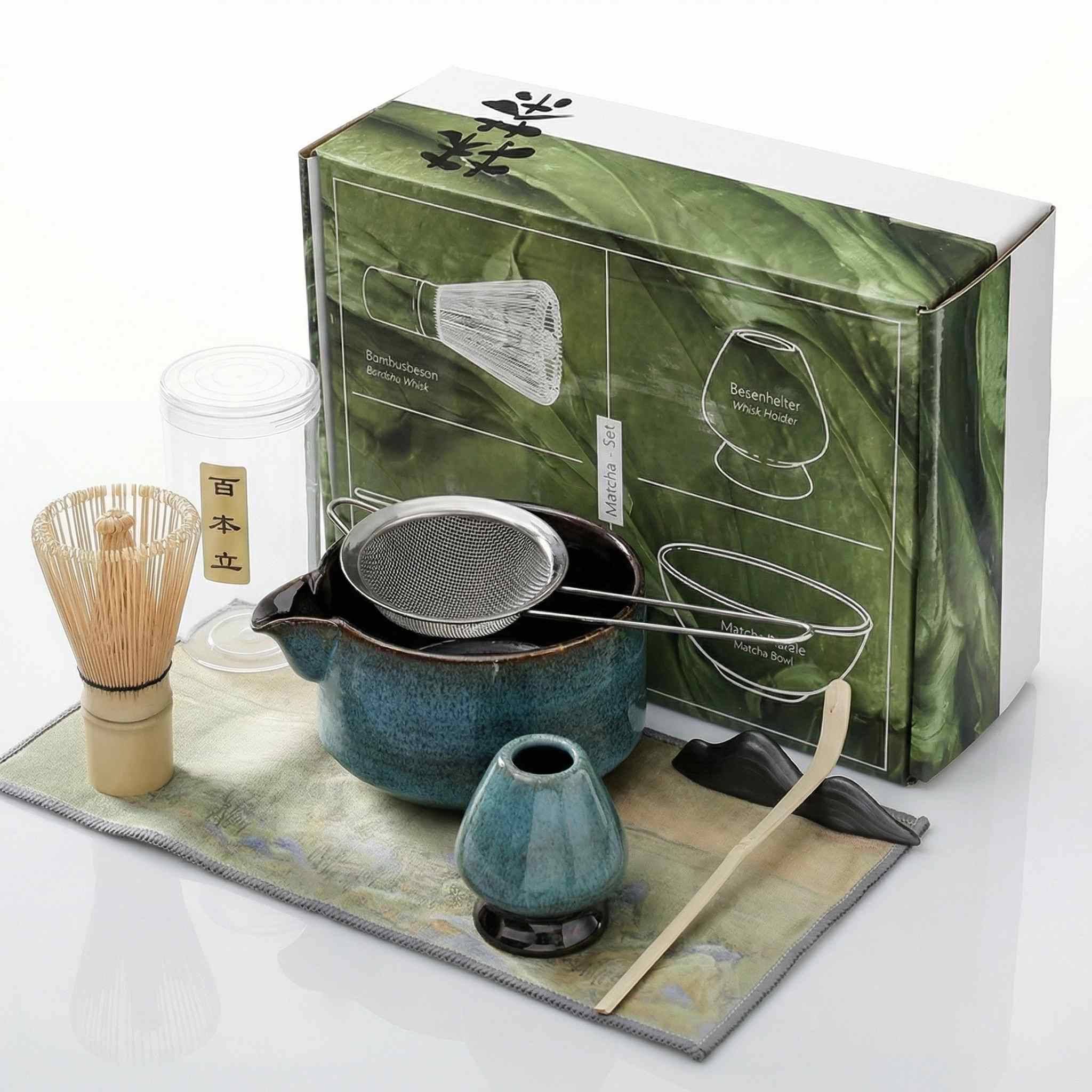 Kit matcha complet 7 pièces bol chawan bleu fouet chasen et accessoires