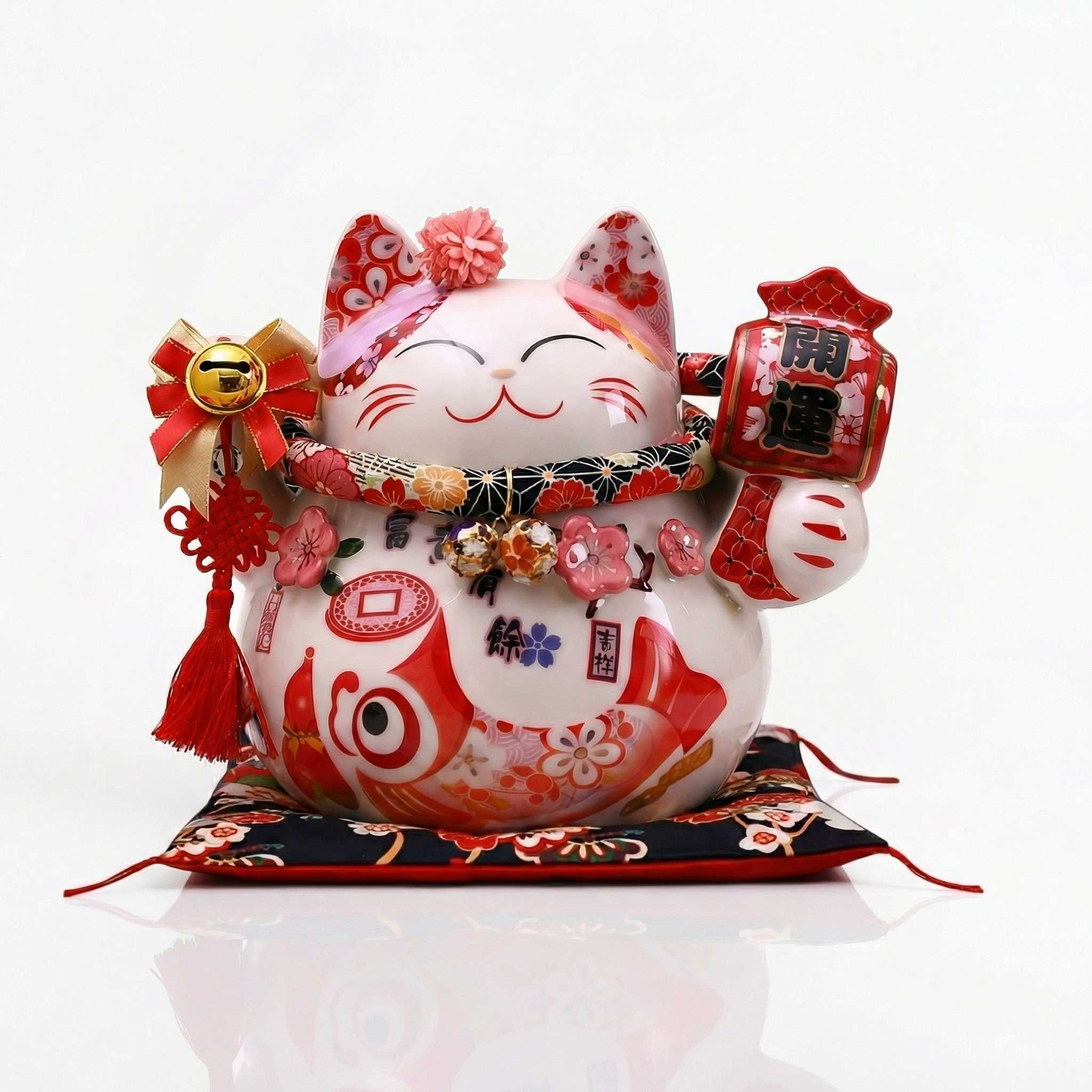 Maneki Neko céramique floral Abondance et Bonne Fortune avec pancarte ouverture chance sur coussin