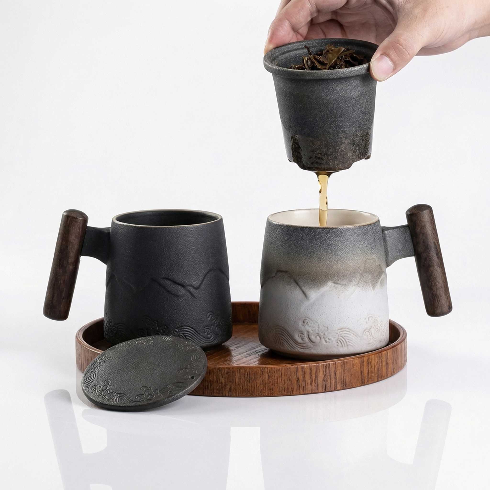 Mugs ceramique japonais relief montagne avec infuseur et plateau en bois