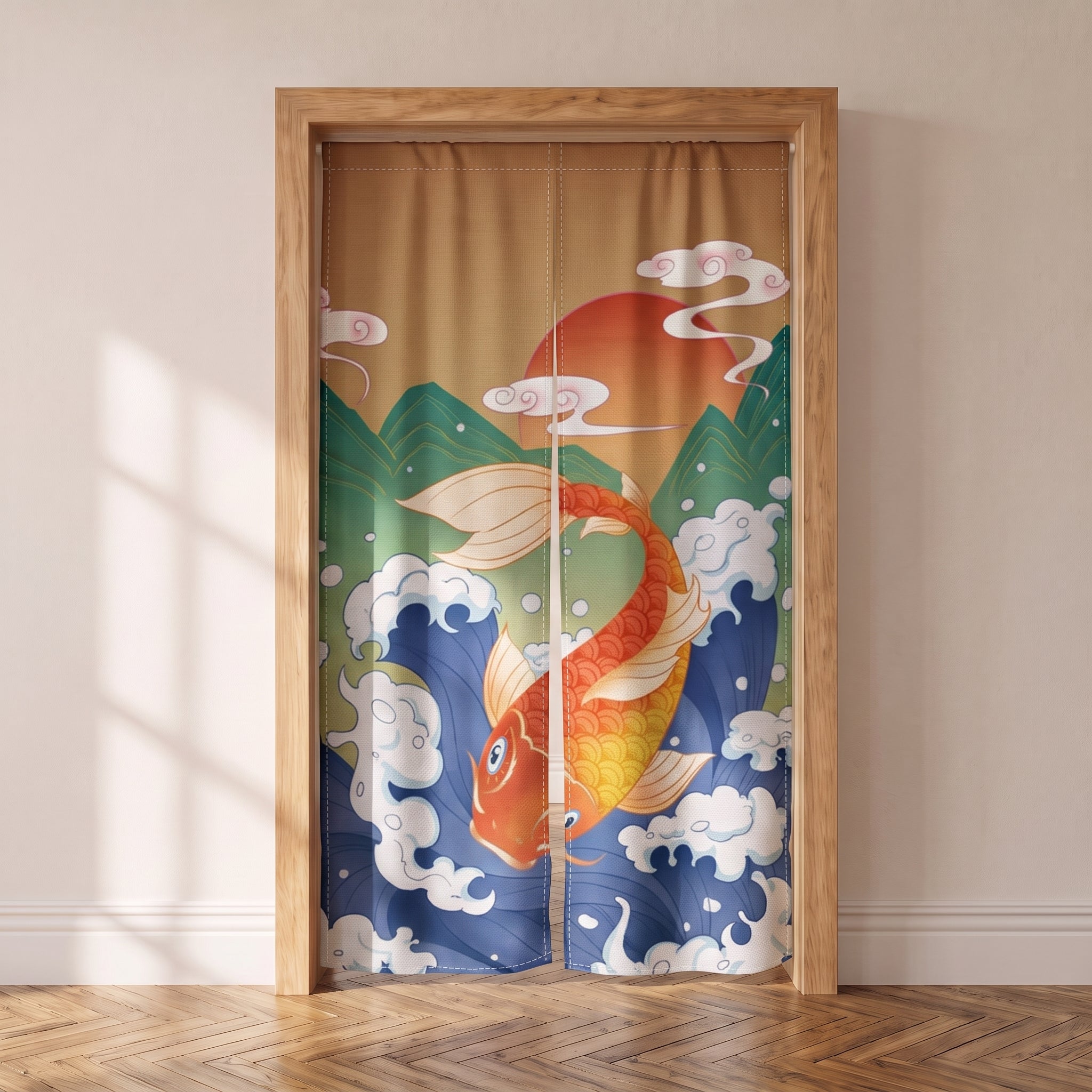 Noren japonais à grande carpe koï orange, montagnes et vagues, dans une porte intérieure