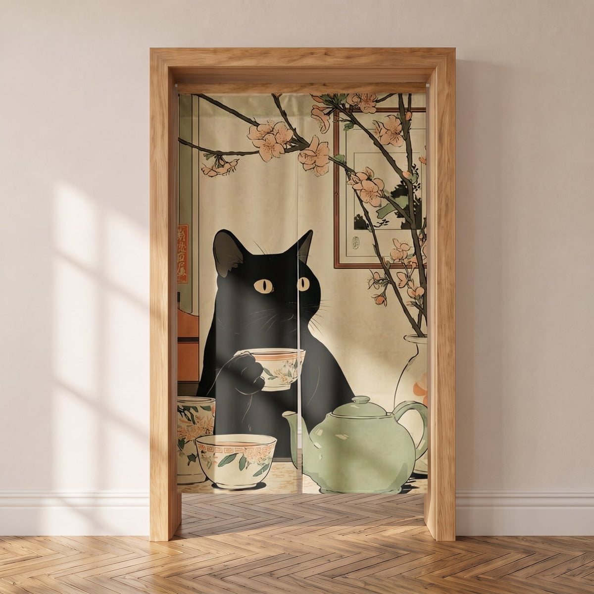 Noren japonais à chat noir, théière et tasses céladon, rideau de cuisine