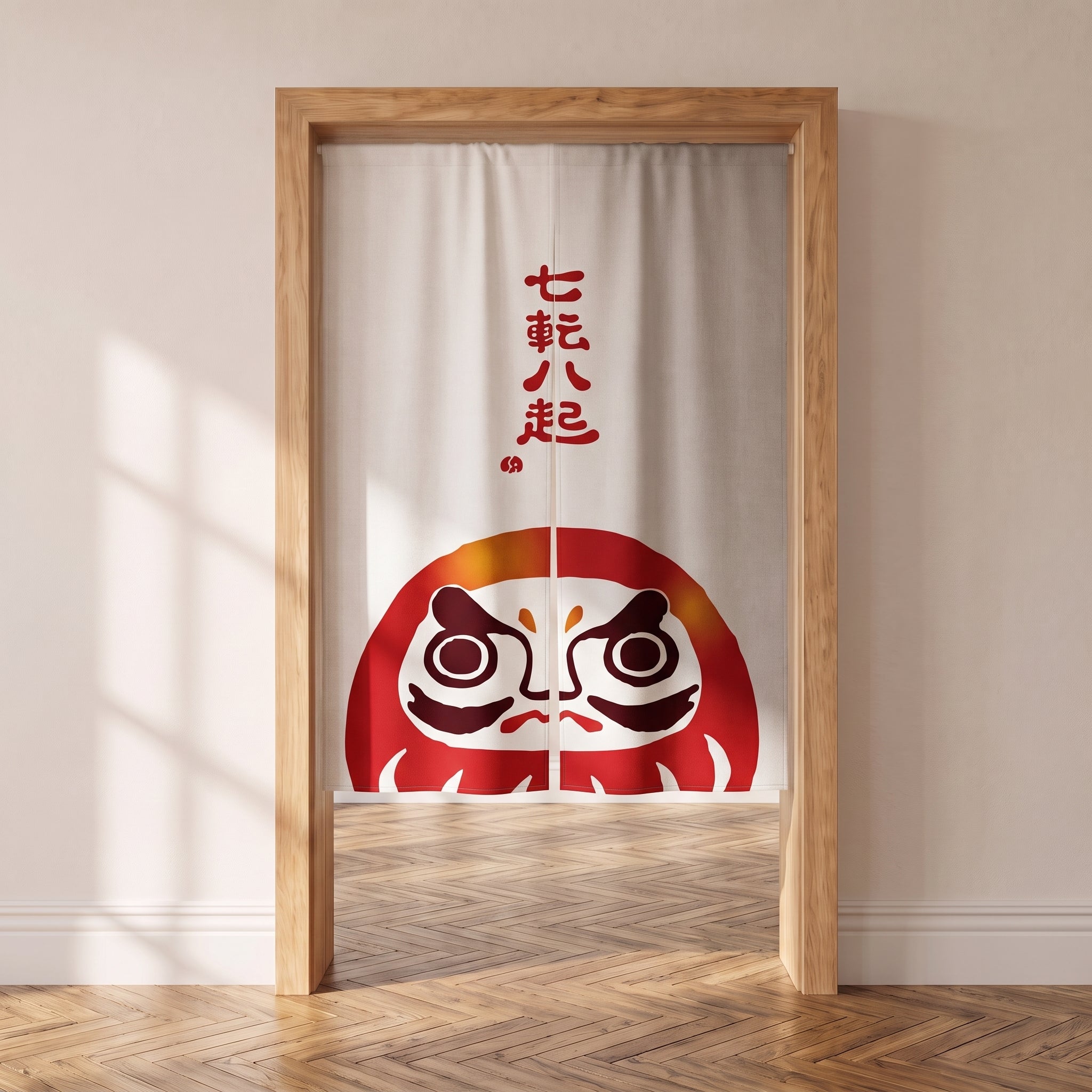 Noren japonais daruma rouge à calligraphie nanakorobi yaoki dans une porte intérieure