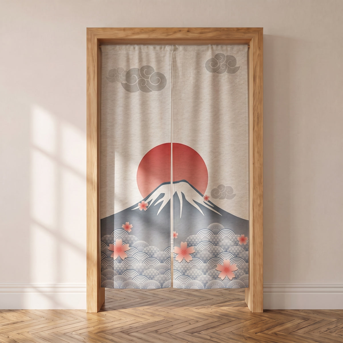 Noren japonais mont Fuji et soleil rouge suspendu dans une porte, parquet chene
