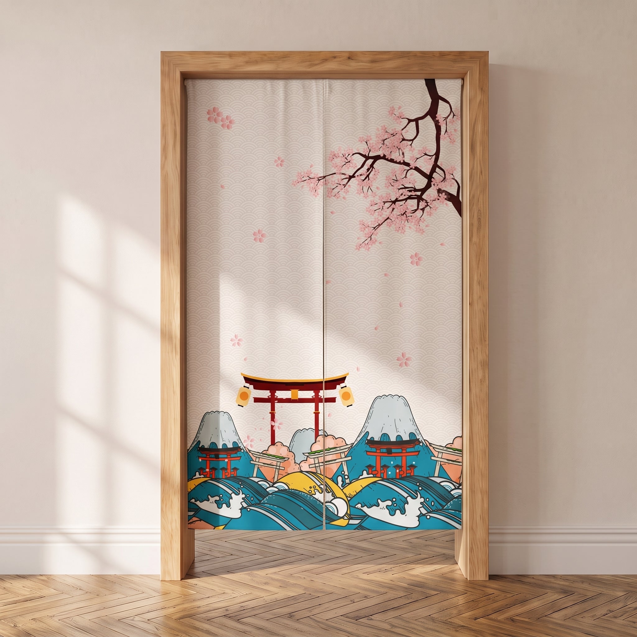 Noren japonais au torii rouge, mont Fuji et branches de cerisier, suspendu dans une porte intérieure