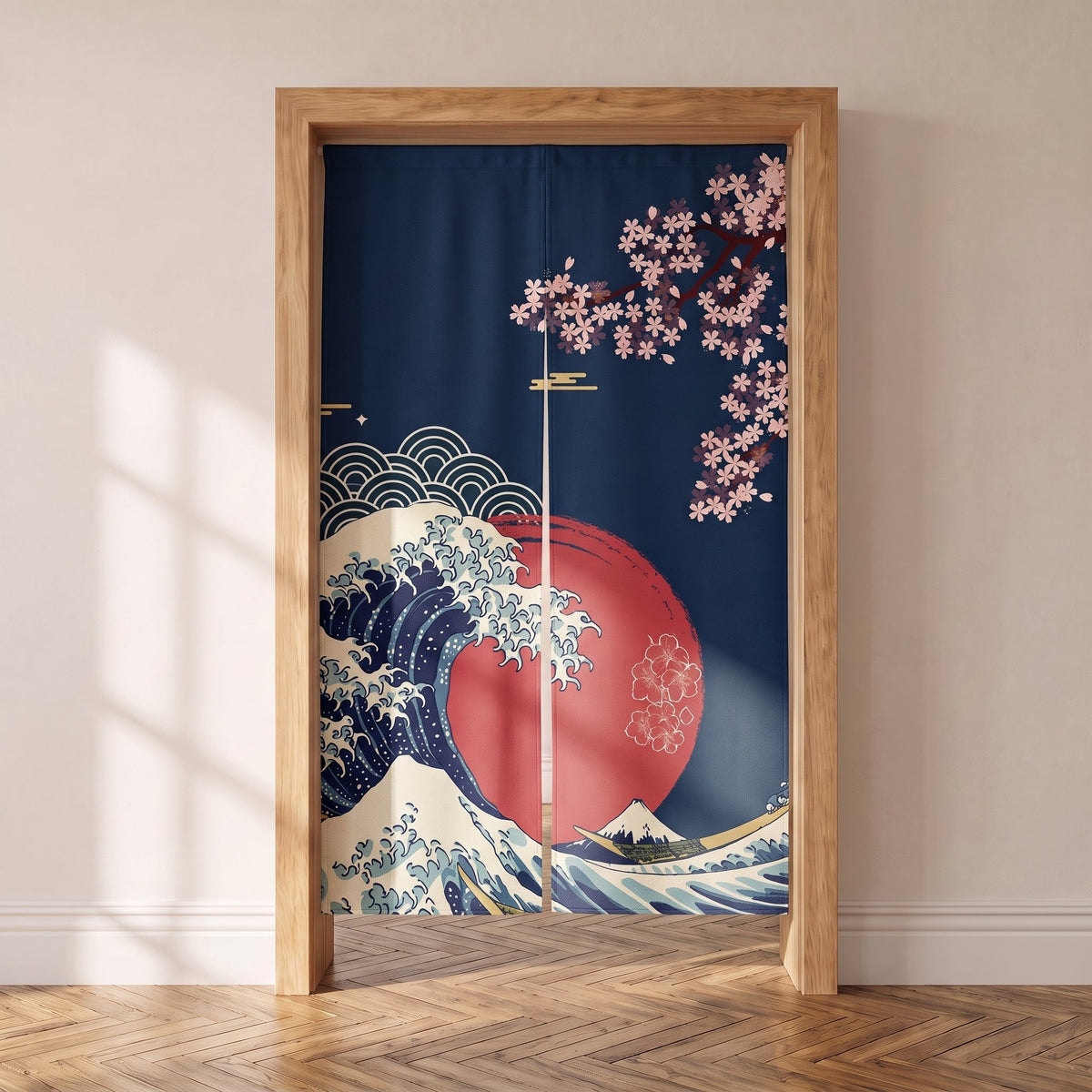 Noren japonais bleu nuit à vague et soleil rouge, porte intérieure