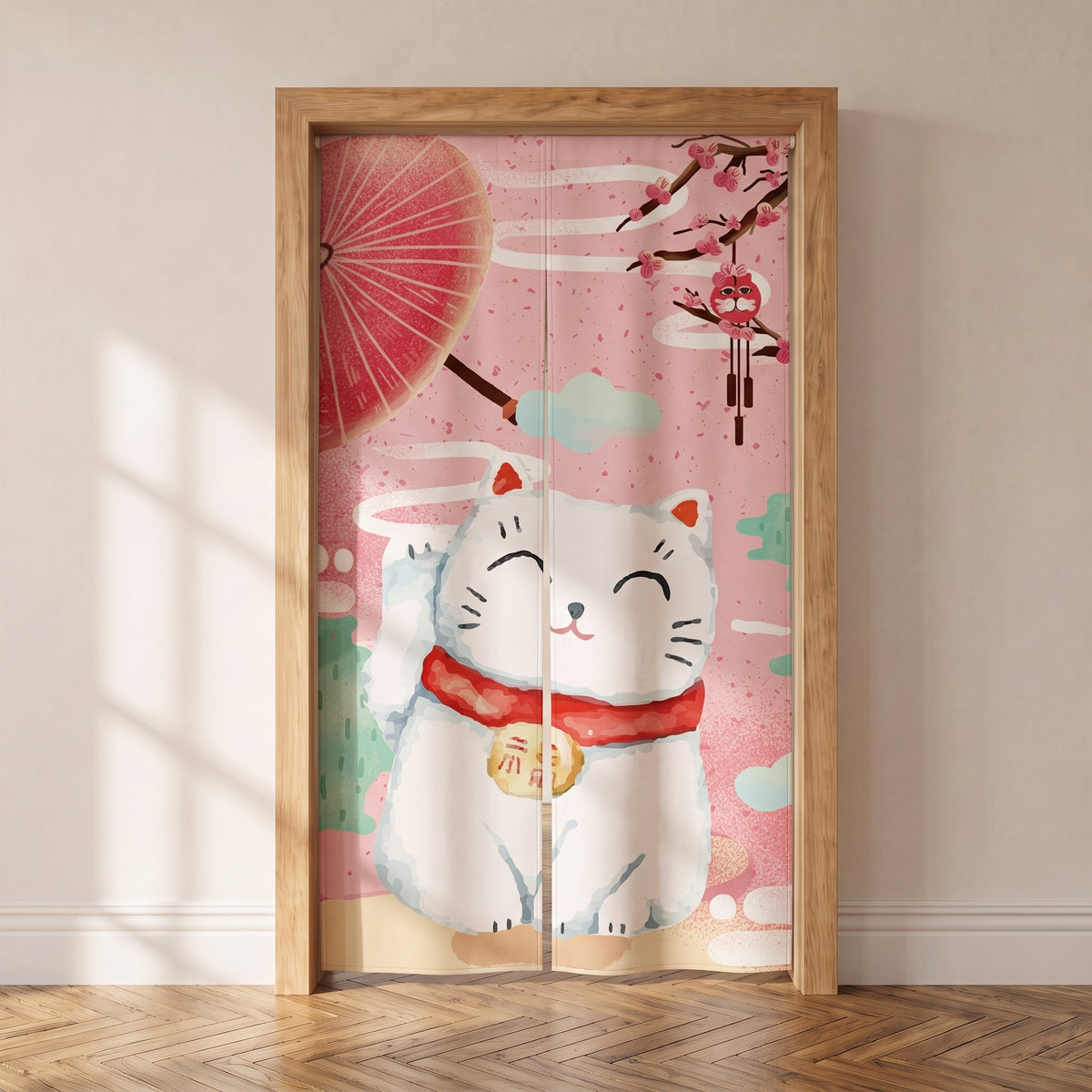 Noren japonais maneki neko, chat blanc à l'ombrelle sur fond rose, suspendu dans une porte intérieure
