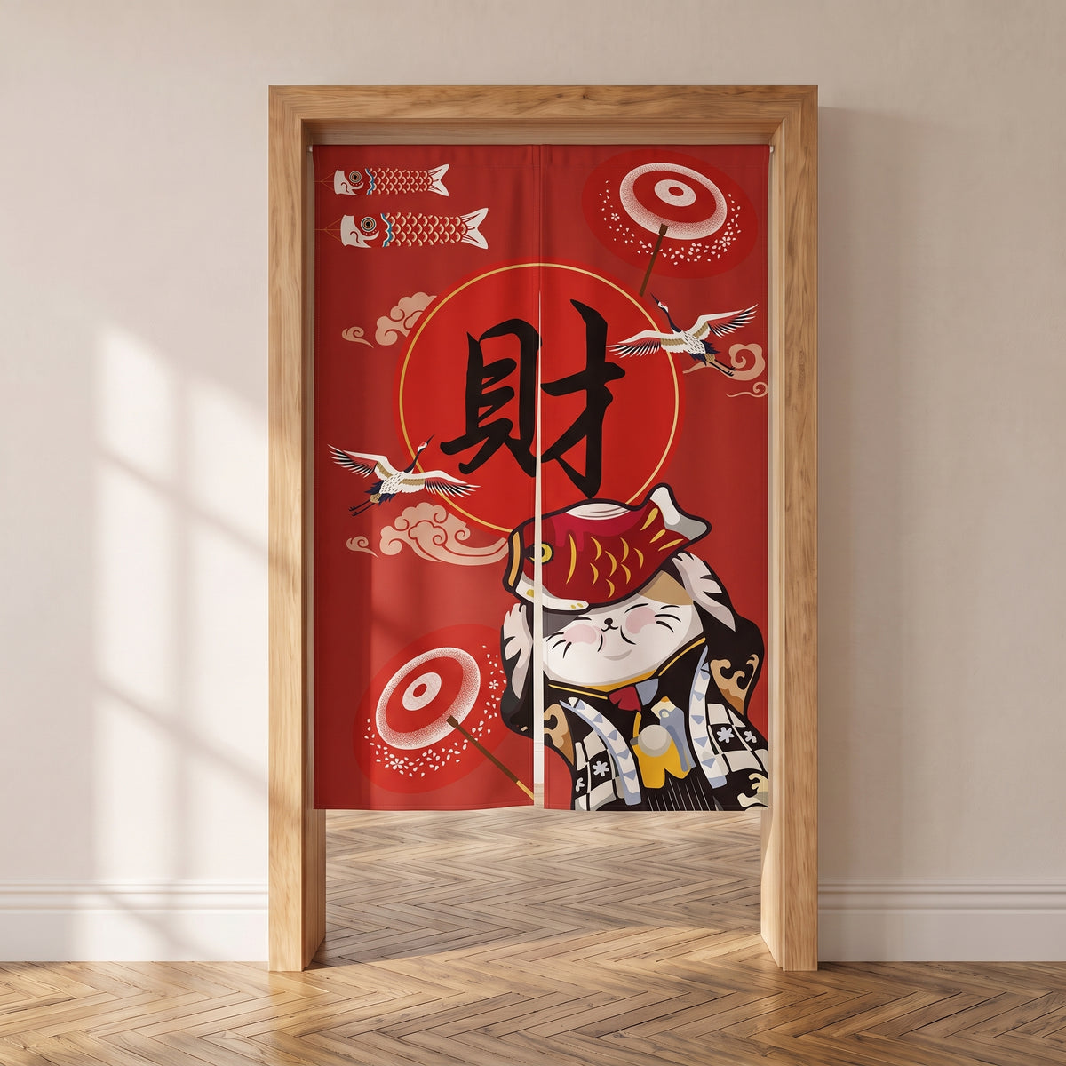 Noren japonais maneki neko en kimono, disque rouge et grues blanches, porte intérieure
