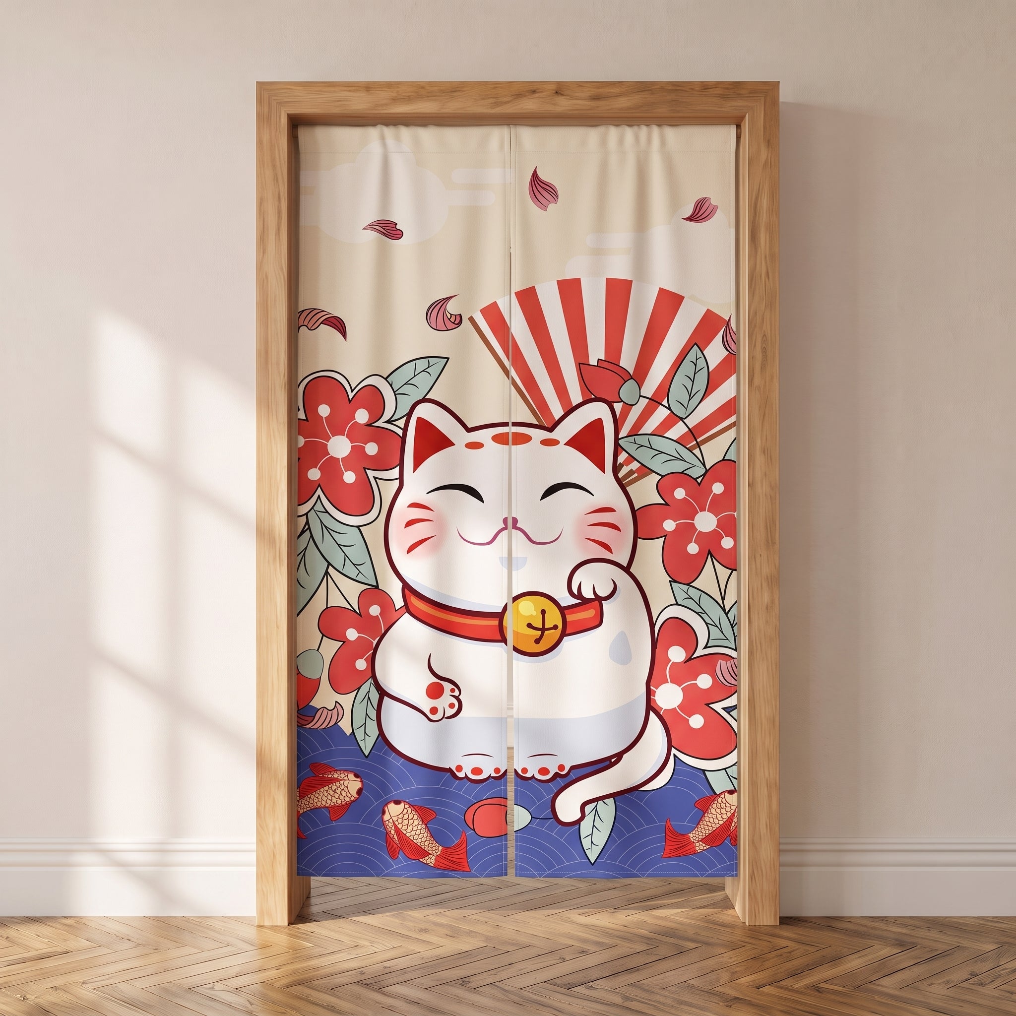 Noren japonais maneki neko, chat blanc entouré de fleurs rouges et carpes koï, porte intérieure
