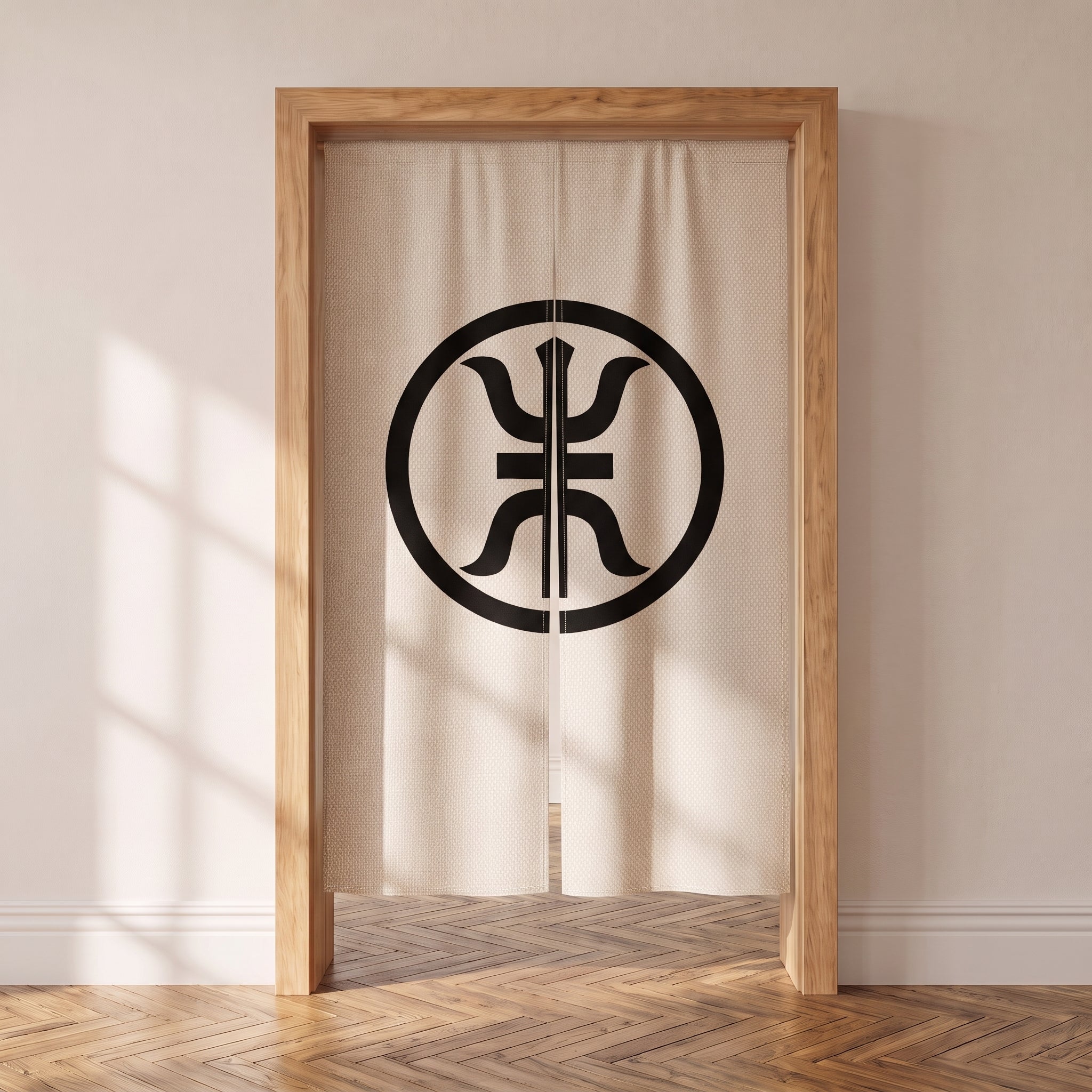 Noren japonais écru à blason kamon noir cerclé, suspendu dans une porte intérieure