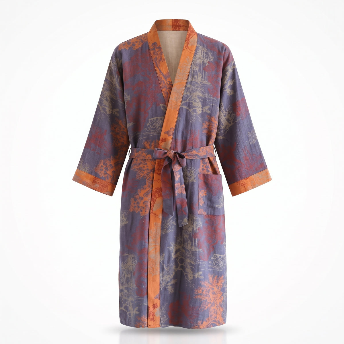 Peignoir japonais en jacquard violet grisé à paysage, bordures orange et ceinture assortie, présenté de face sur fond clair