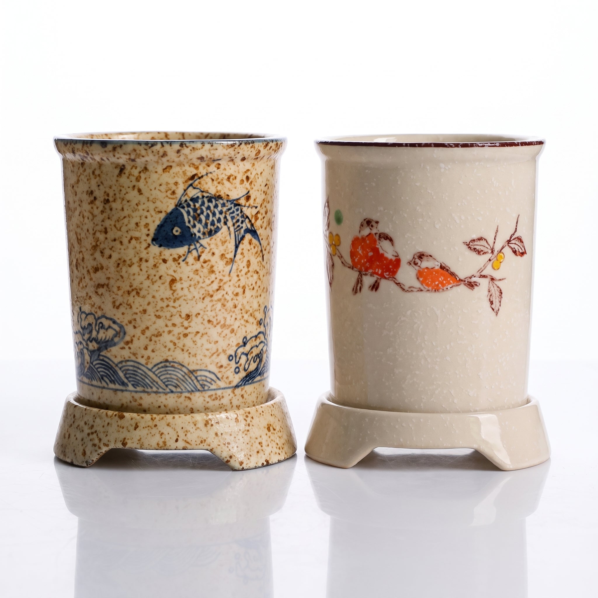Pots à baguettes japonais en céramique avec égouttoir, motifs carpe koï et oiseaux