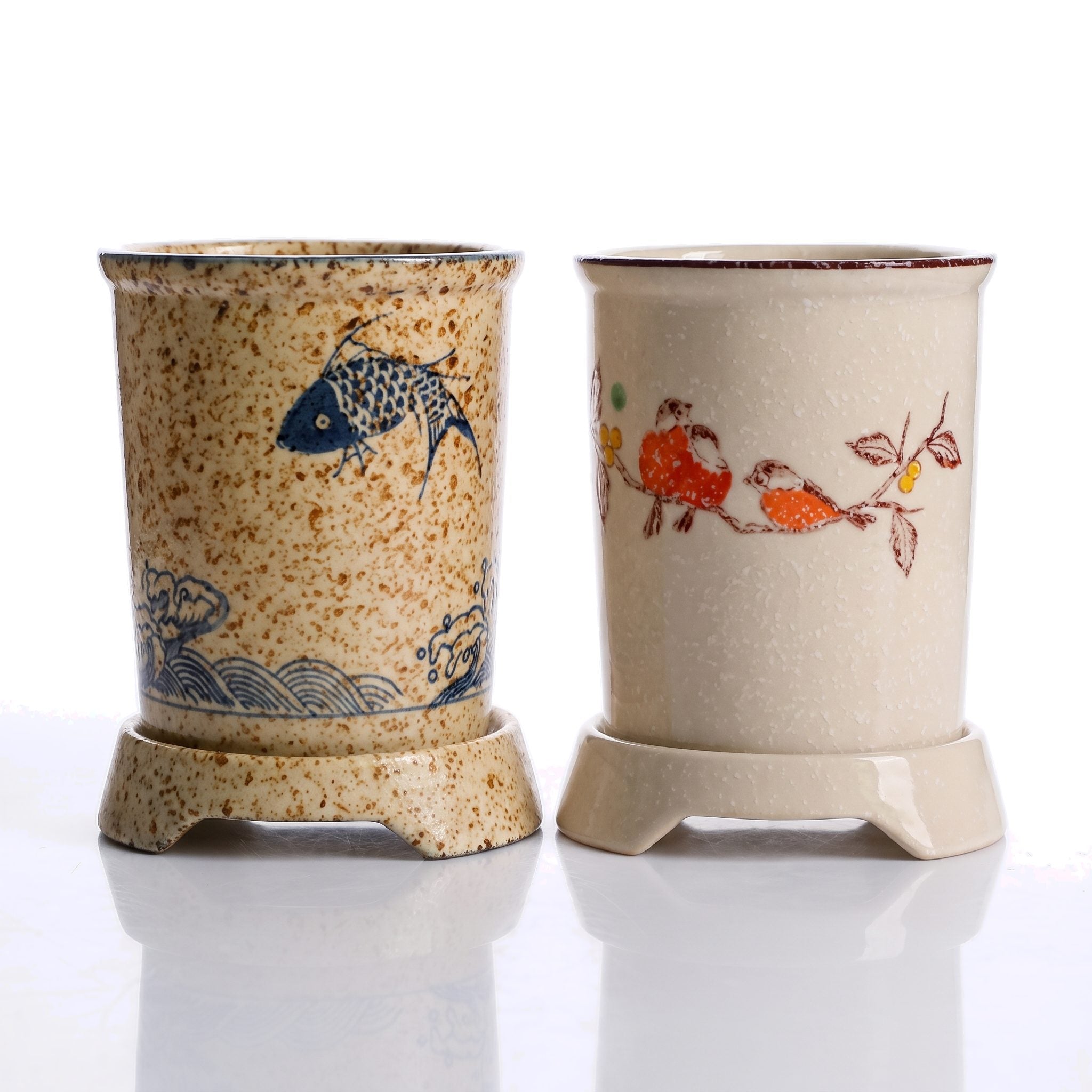 Pots à baguettes japonais en céramique avec égouttoir, motifs carpe koï et oiseaux