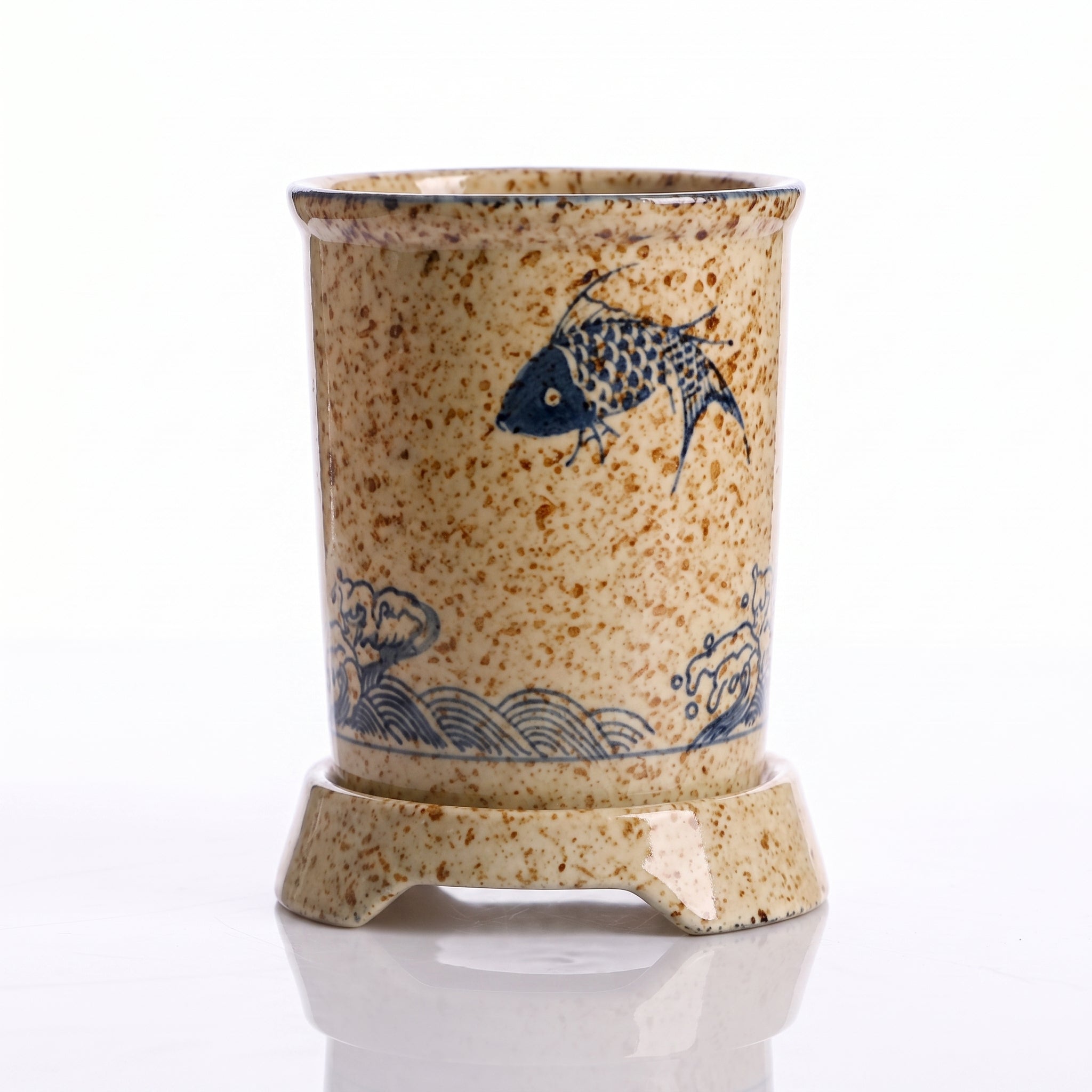Pot à baguettes japonais en céramique mouchetée, motif carpe koï et vagues