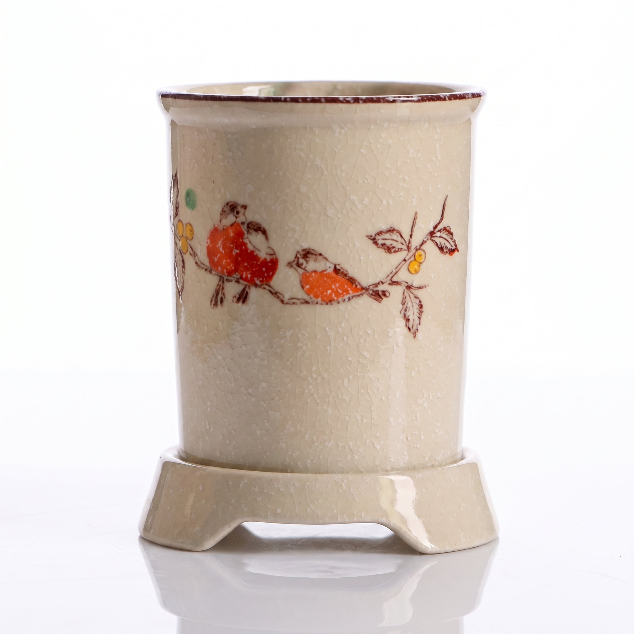 Pot à baguettes japonais en céramique crème, motif oiseaux sur branche