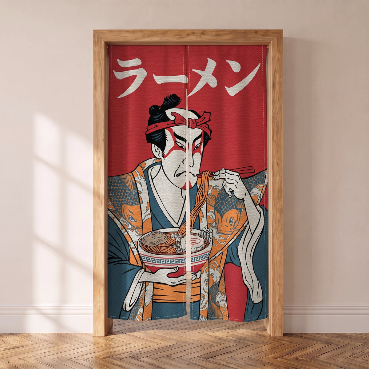 Noren japonais rouge ラーメン avec un personnage d'estampe mangeant un bol de ramen, suspendu dans une porte intérieure