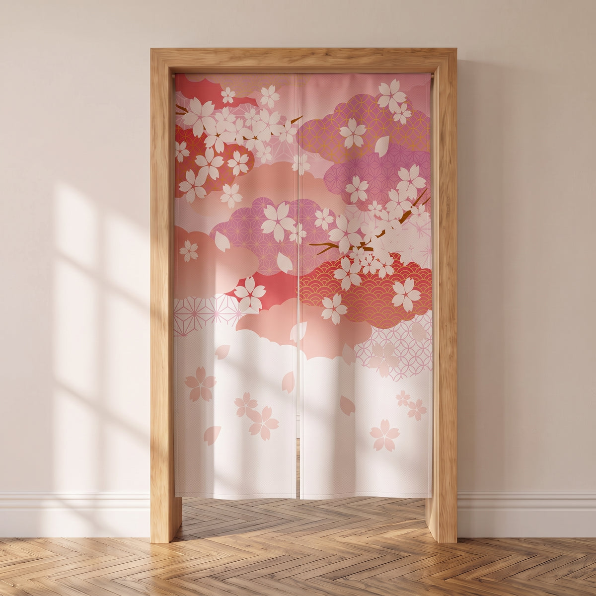 Noren japonais à nuages de fleurs de cerisier roses en dégradé, suspendu dans une porte intérieure