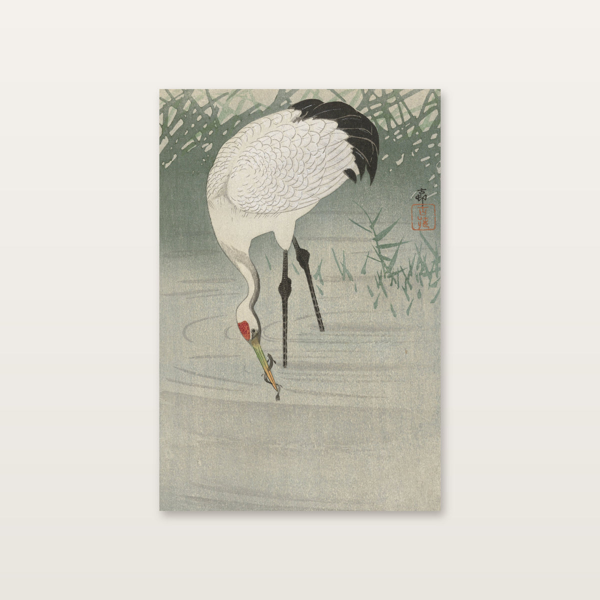 Tableau japonais animaux : une grue blanche à tête rouge pêchant dans l'eau peu profonde, d'Ohara Koson, sur toile