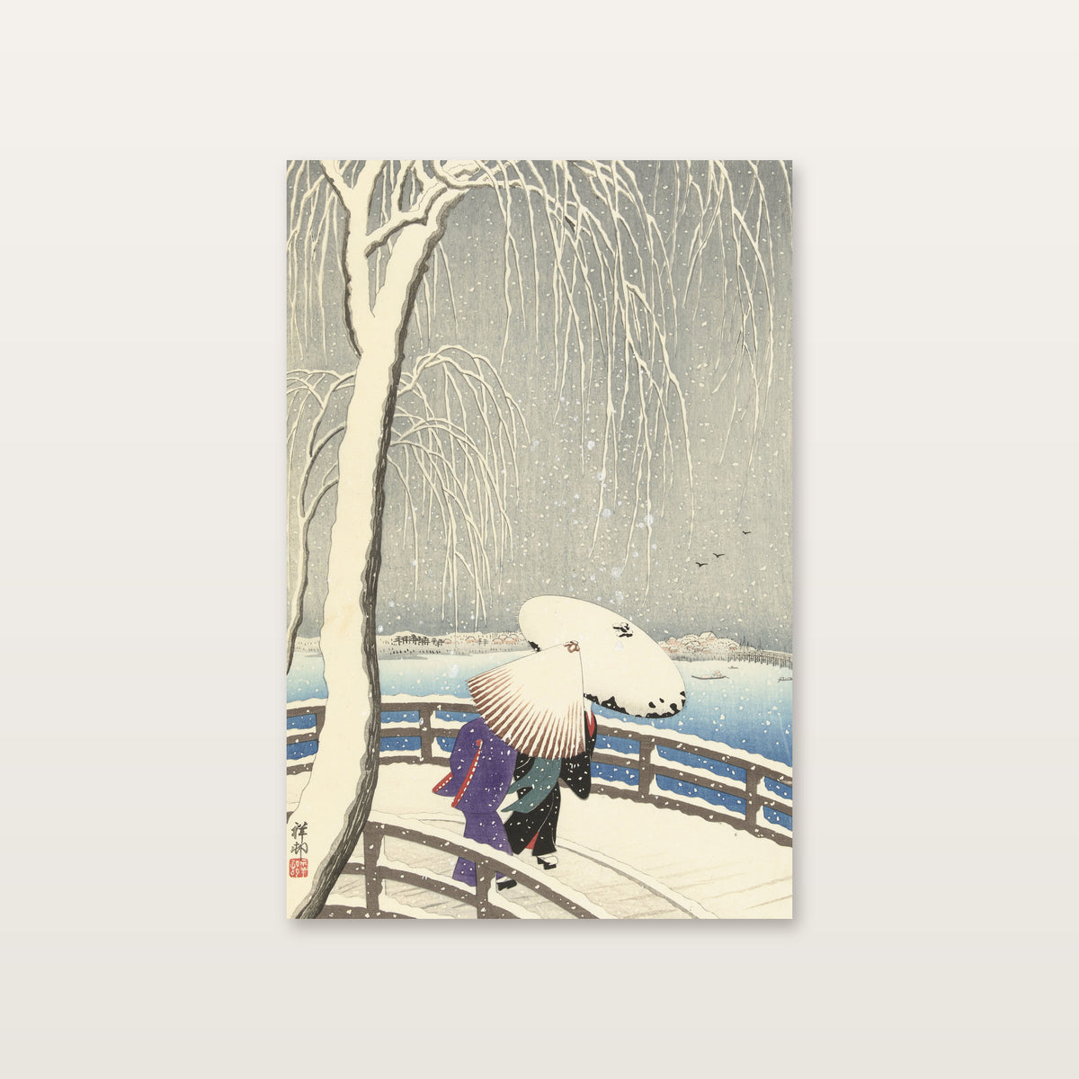 Tableau japonais femmes en kimono : deux silhouettes sous des ombrelles enneigées sur un pont, d'après Ohara Koson