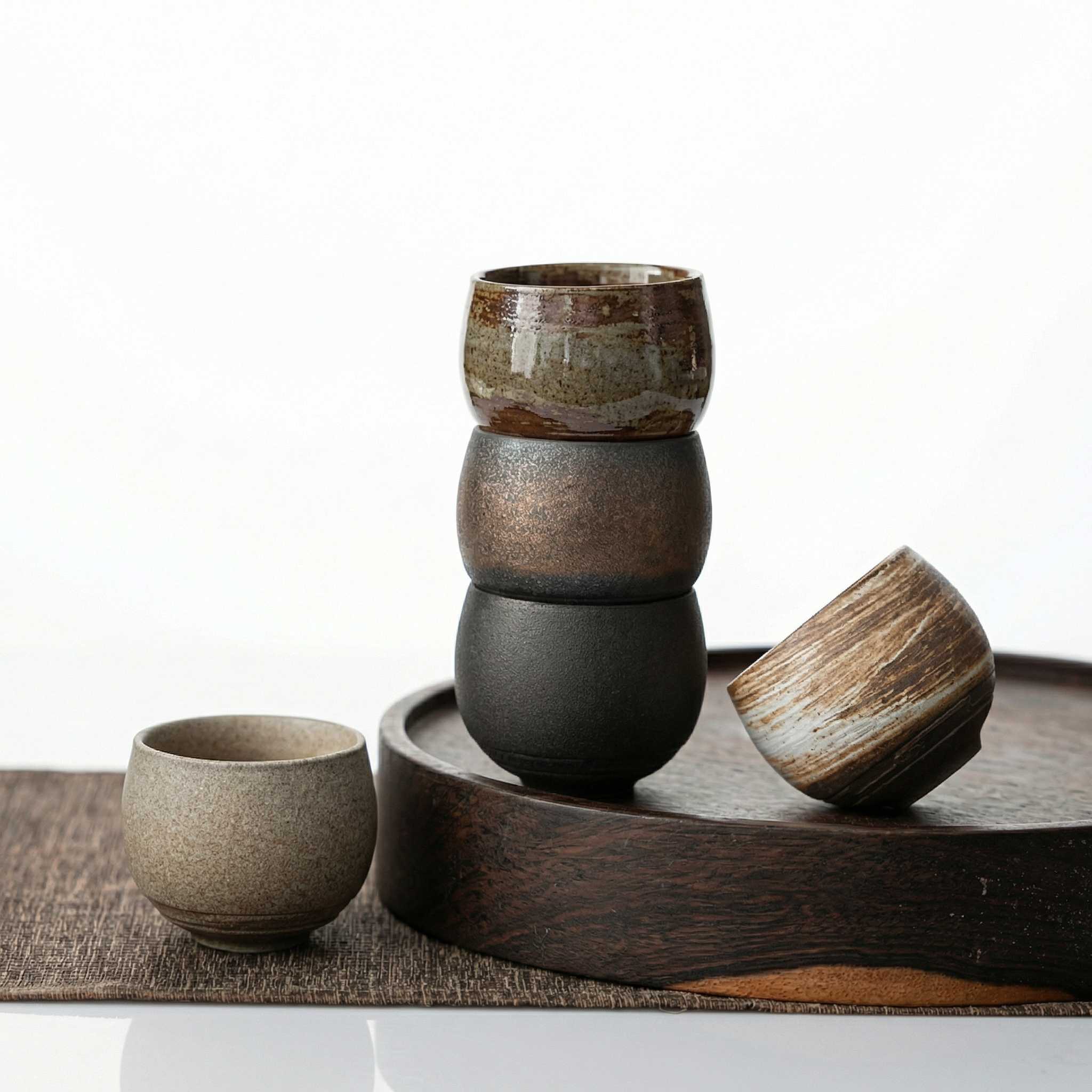 Collection tasses thé japonaises grès wabi-sabi cinq finitions sur plateau bois