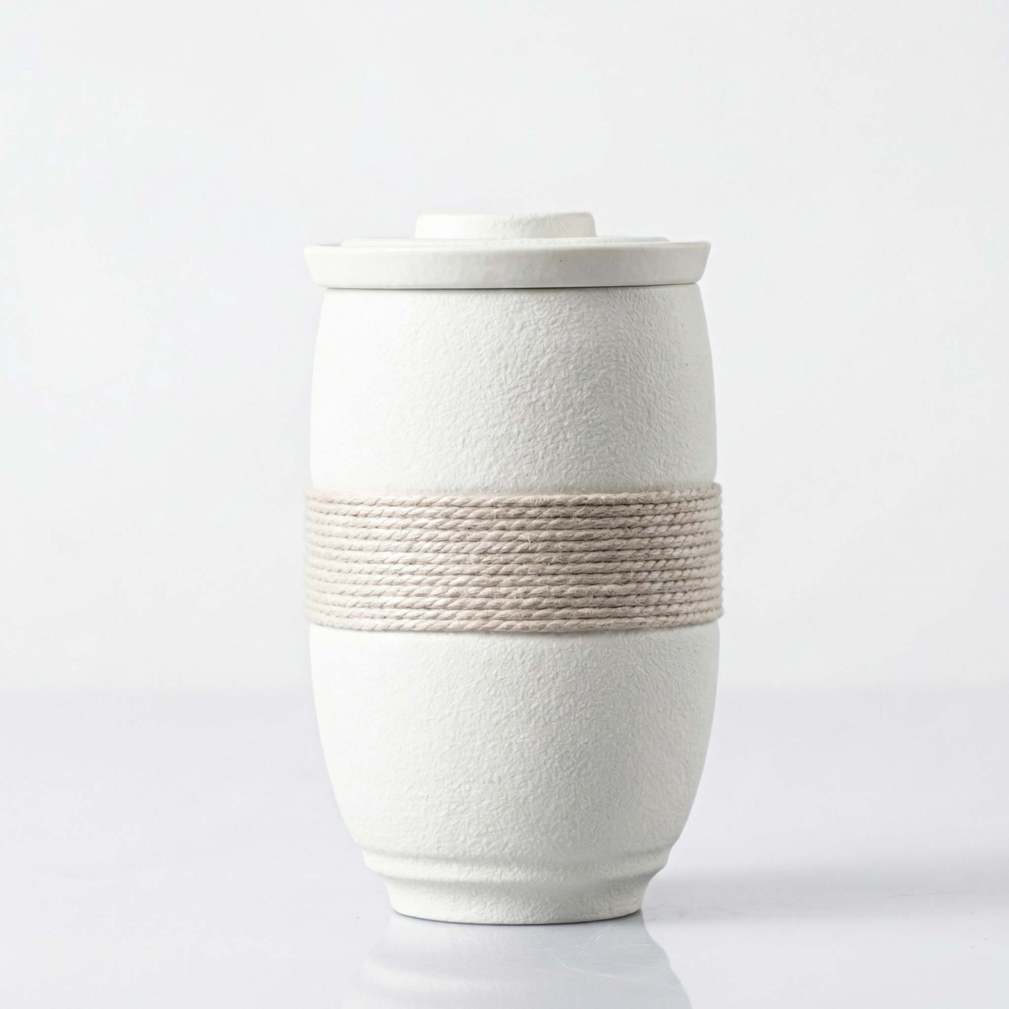Tasse à thé céramique japonaise blanche avec filtre intégré, couvercle et corde tressée