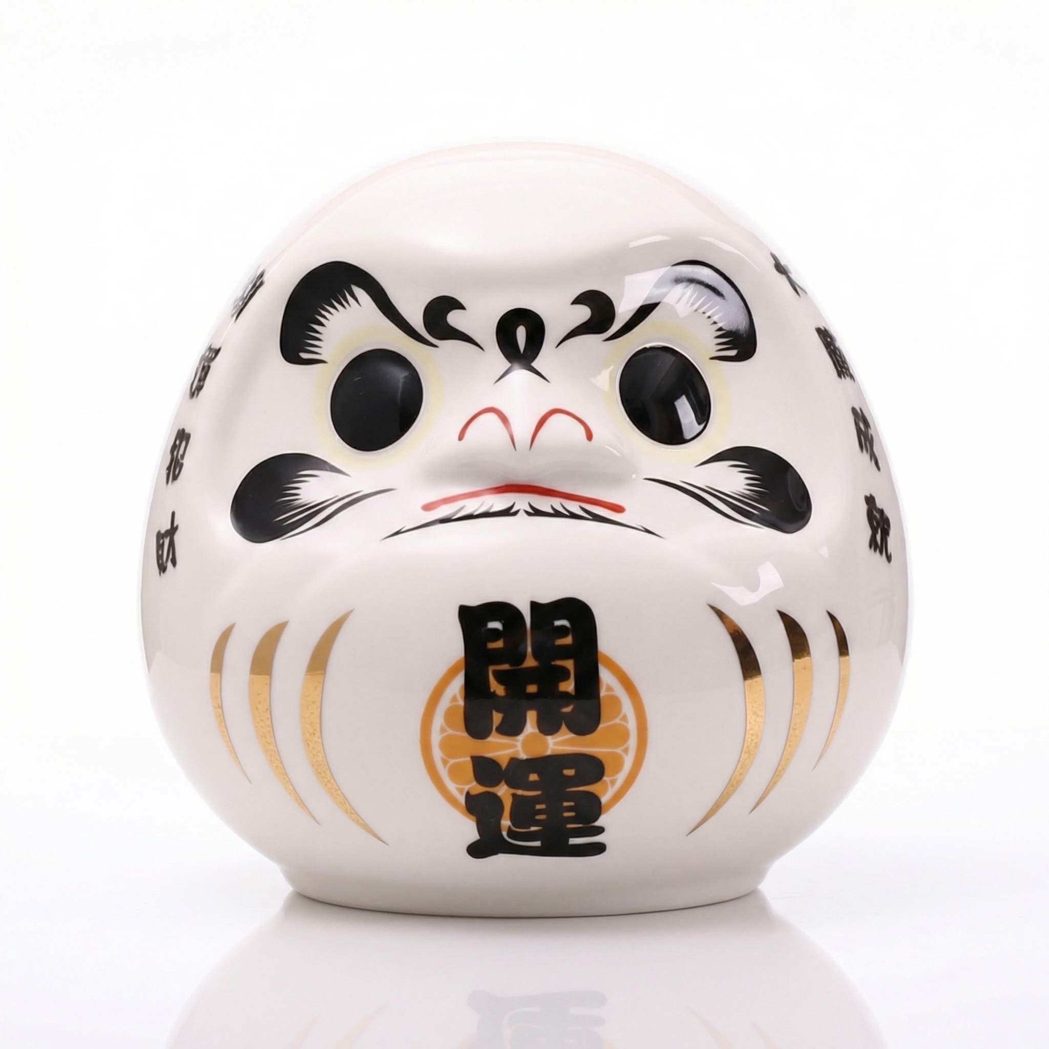 Tirelire Daruma japonais blanc en céramique avec kanji 開運 harmonie et sérénité