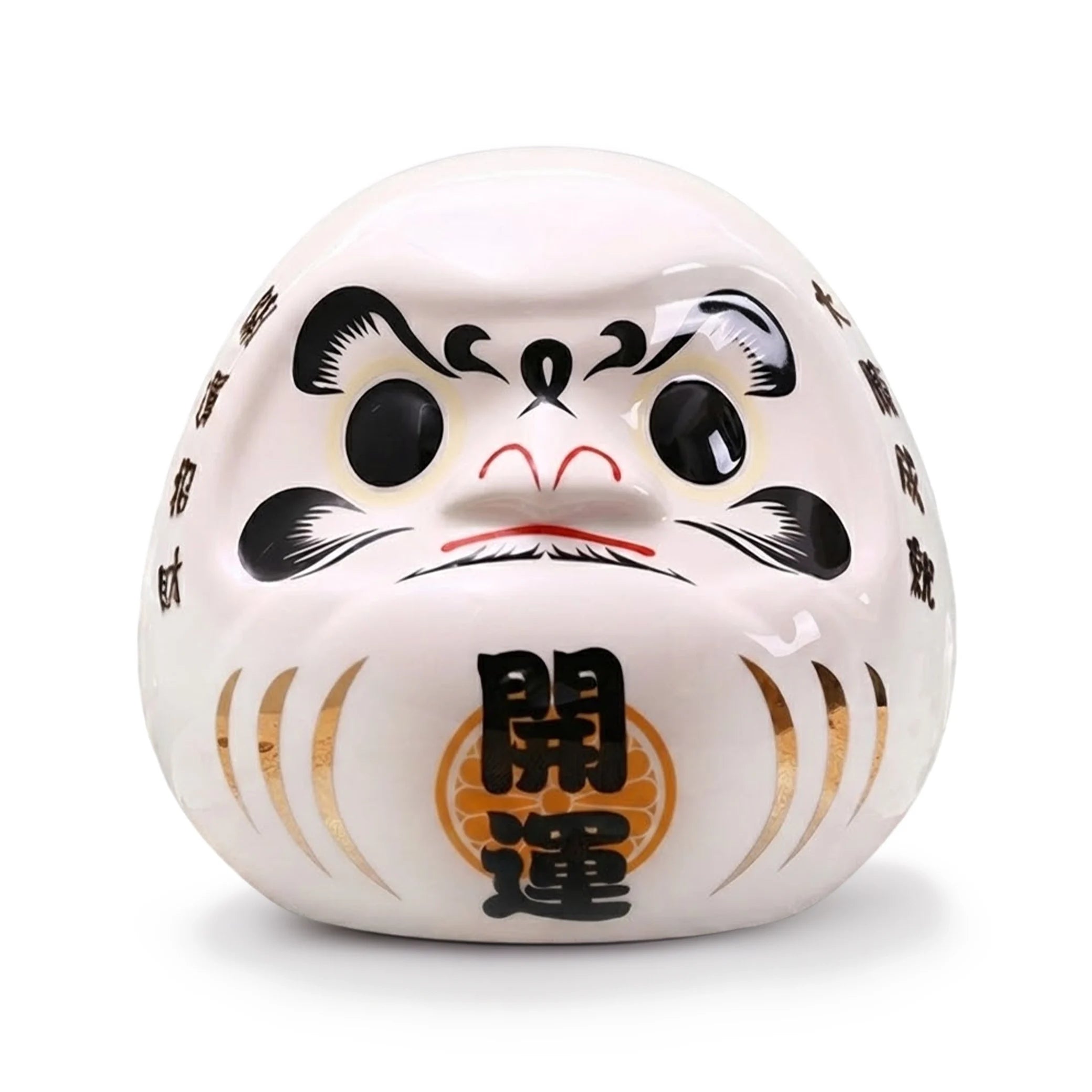 Tirelire Daruma blanche japonaise en céramique pour la décoration zen et l'équilibre intérieur.