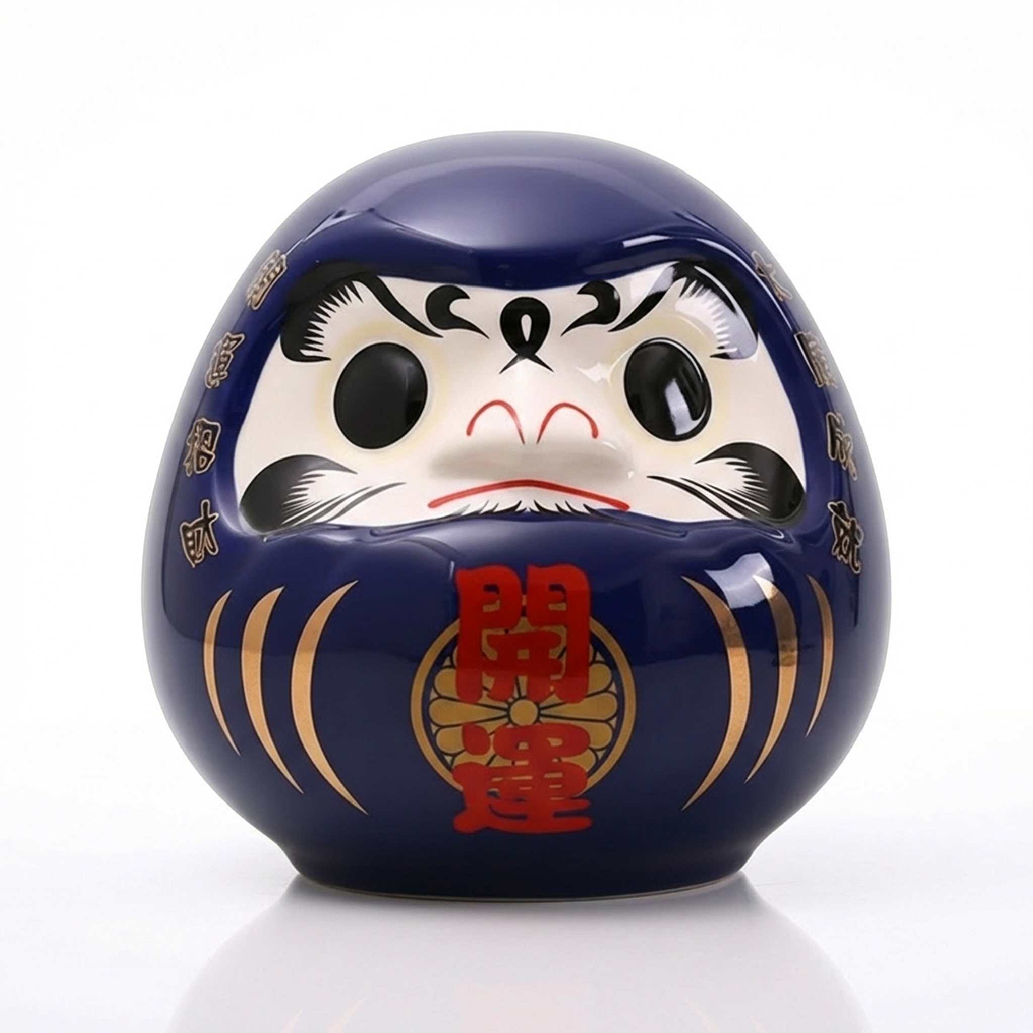 Tirelire Daruma japonais bleu marine en céramique avec kanji 開運 réussite et carrière