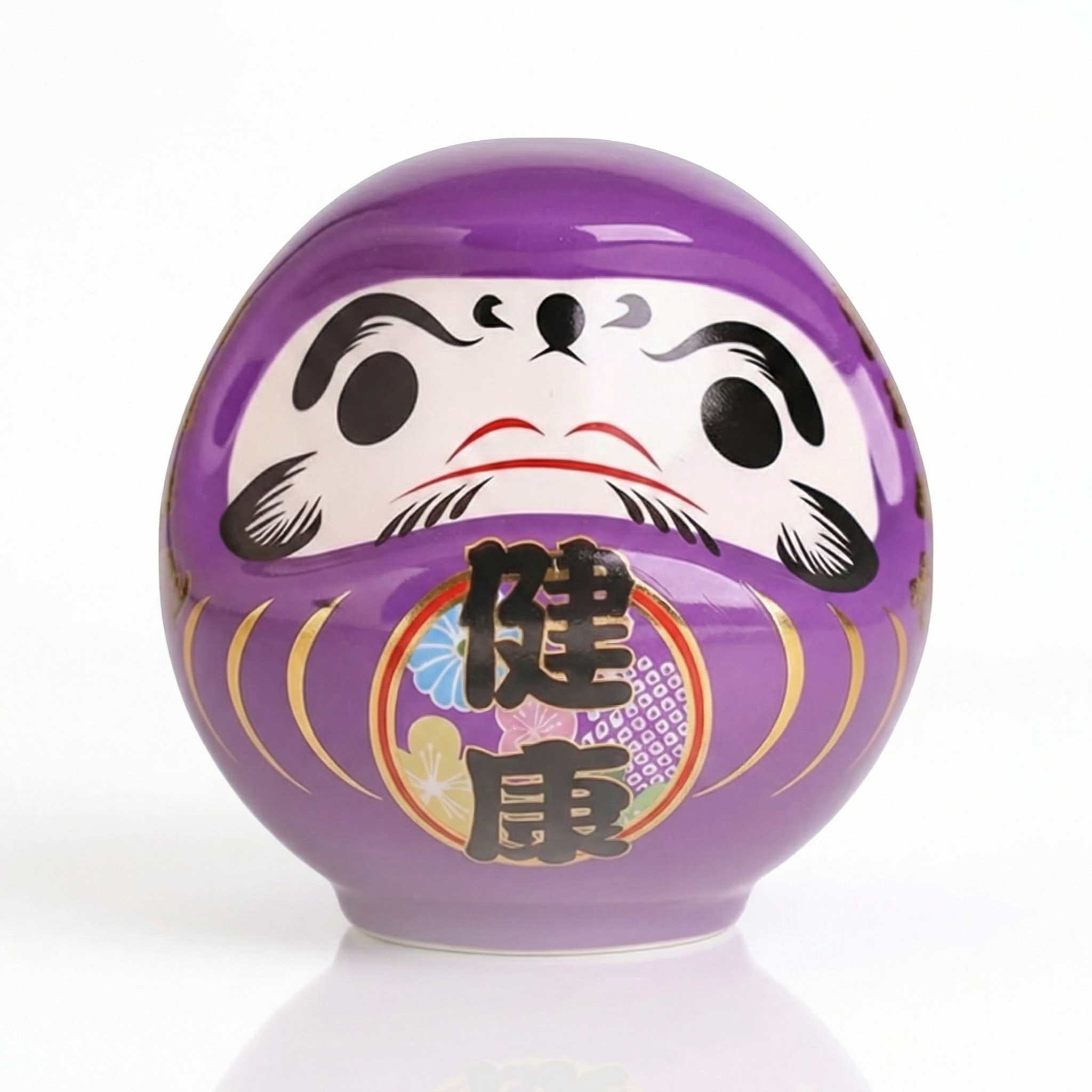 Tirelire Daruma japonais violet en céramique kanji 健康 santé