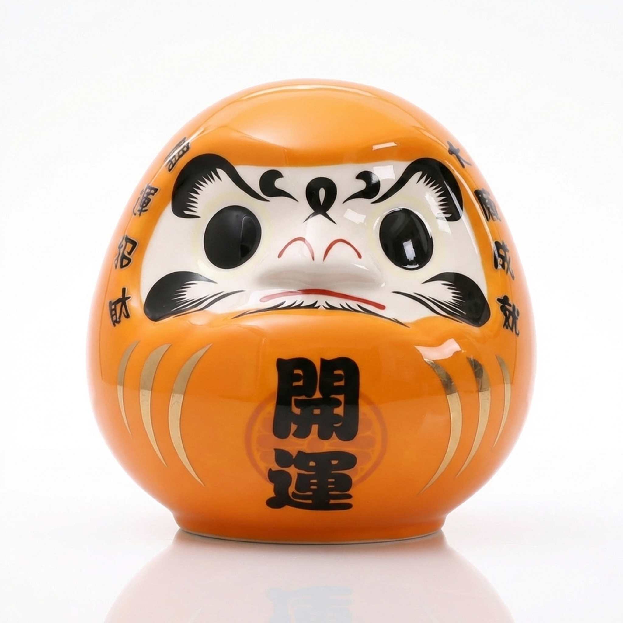Tirelire Daruma japonais orange en céramique avec kanji 開運 richesse et prospérité