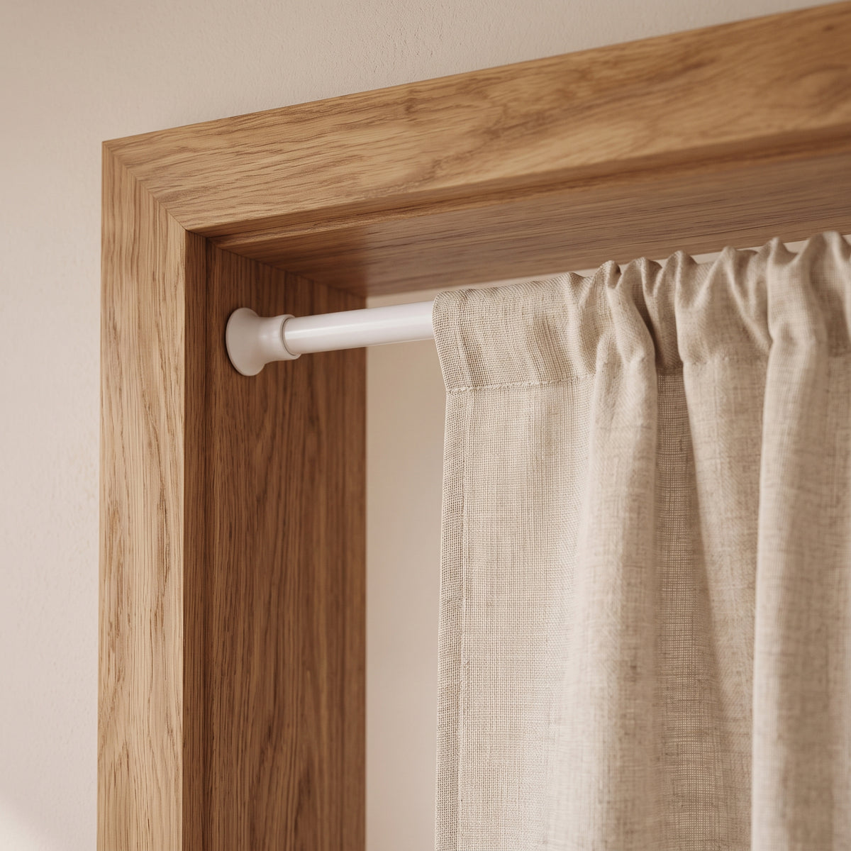 Tringle pour noren sans percer : embout blanc calé contre le montant d'une porte en bois, le noren suspendu dessous