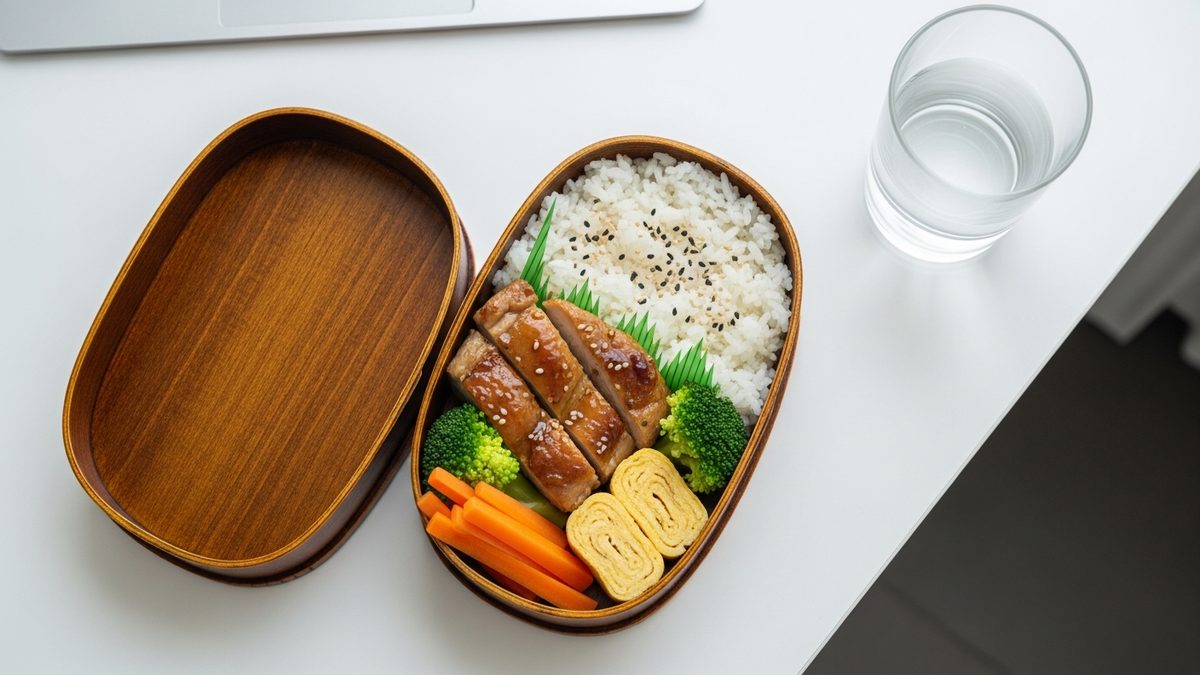Bento japonais ouvert sur un bureau avec riz et accompagnements